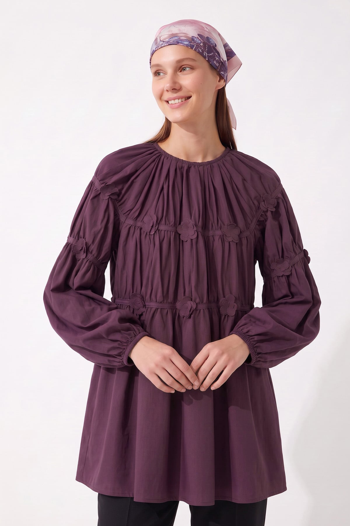 Çiçekli Büzgülü  Tunik 5501 - MÜRDÜM | zenne.com 