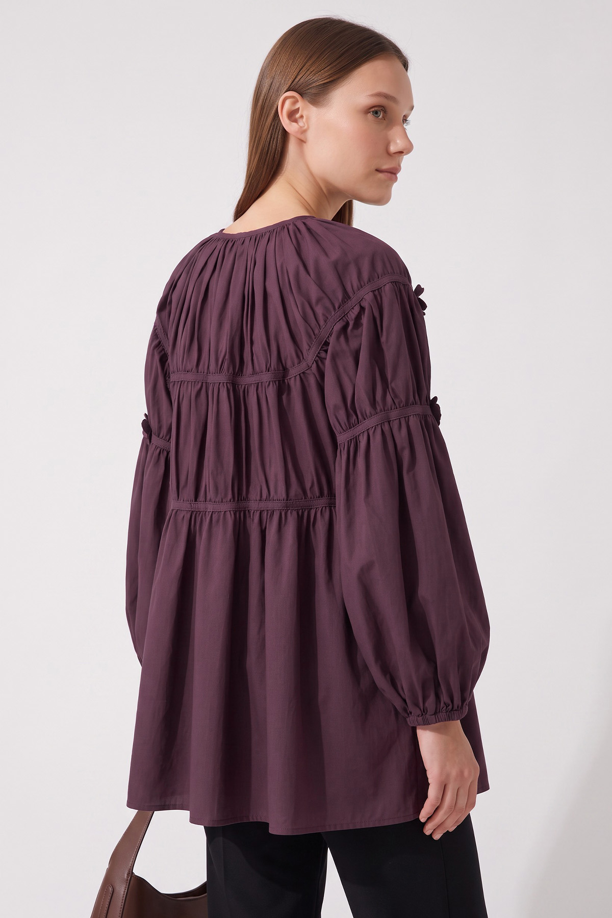 Çiçekli Büzgülü  Tunik 5501 - MÜRDÜM | zenne.com 
