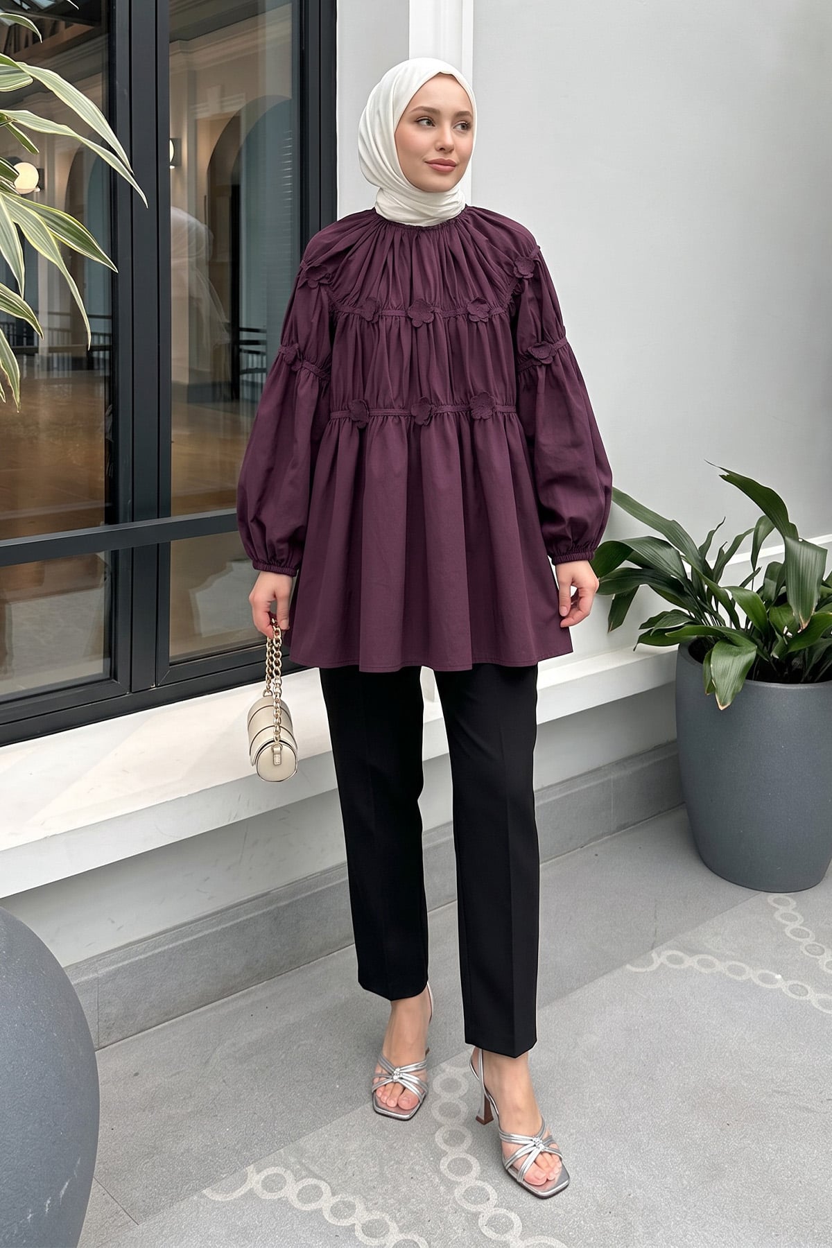 Çiçekli Büzgülü  Tunik 5501 - MÜRDÜM |  