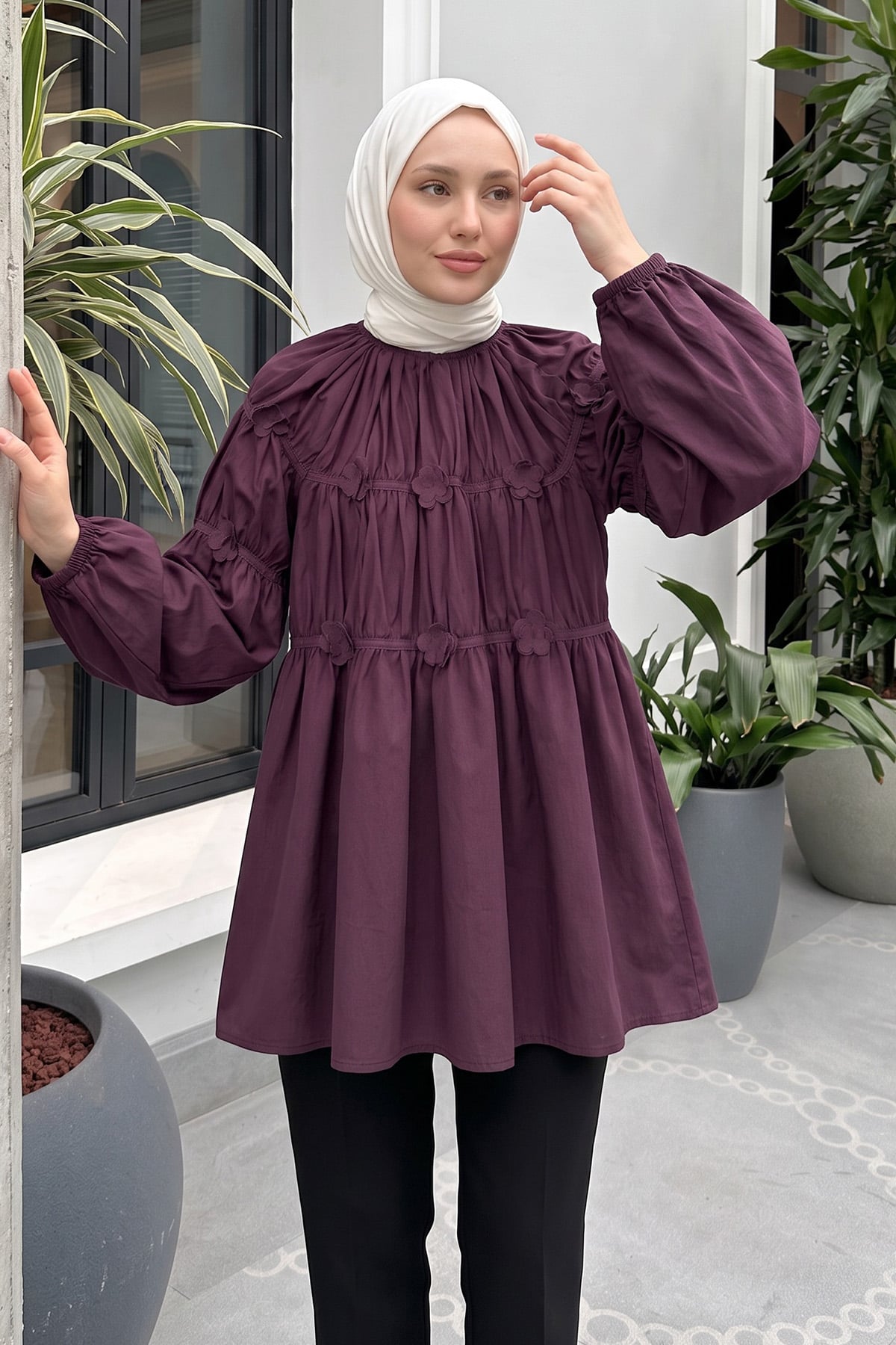 Çiçekli Büzgülü  Tunik 5501 - MÜRDÜM |  