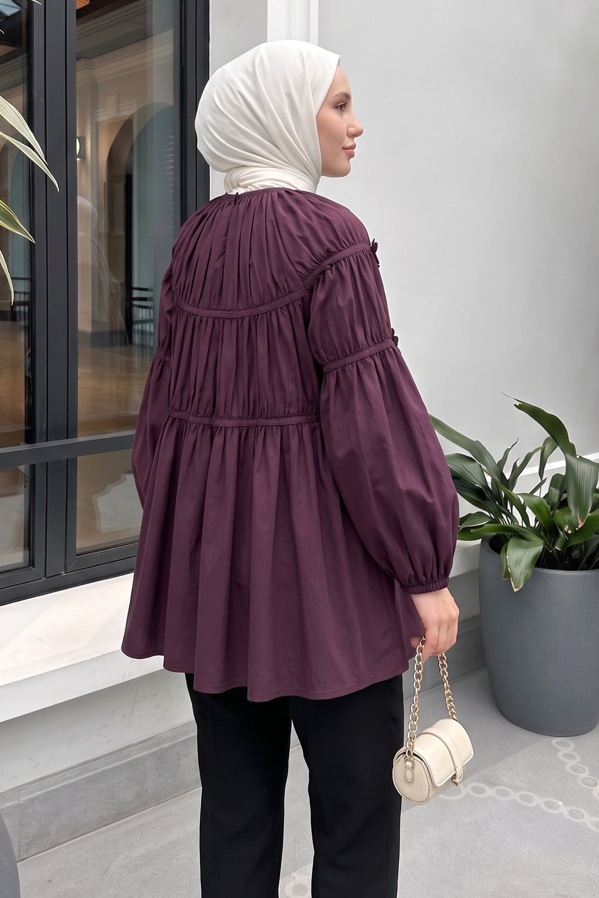 Çiçekli Büzgülü  Tunik 5501 - MÜRDÜM |  