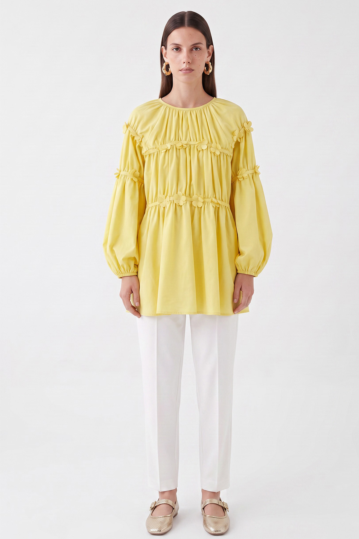 Çiçekli Büzgülü  Tunik 5501  - SARI | zenne.com 