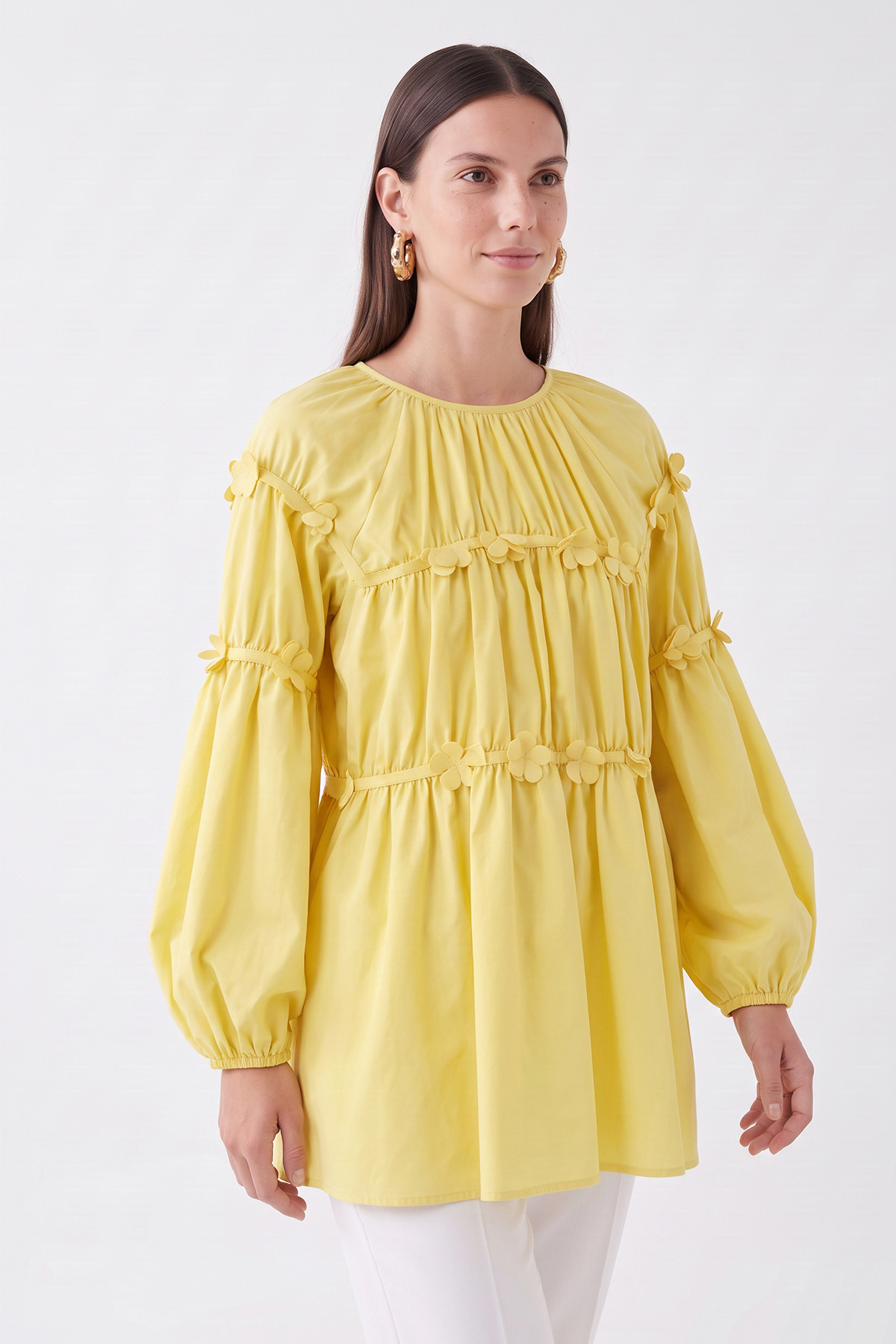 Çiçekli Büzgülü  Tunik 5501  - SARI | zenne.com 