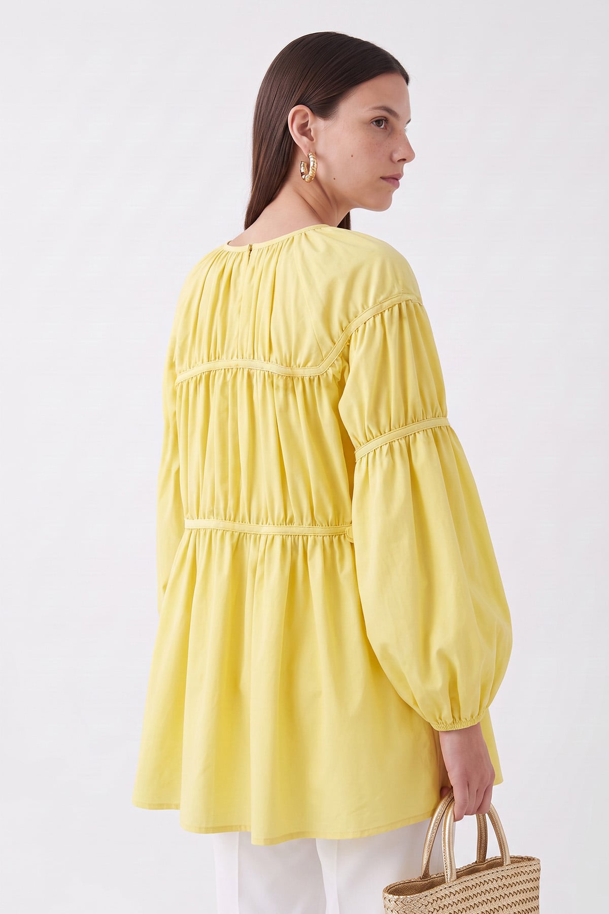Çiçekli Büzgülü  Tunik 5501  - SARI | zenne.com 