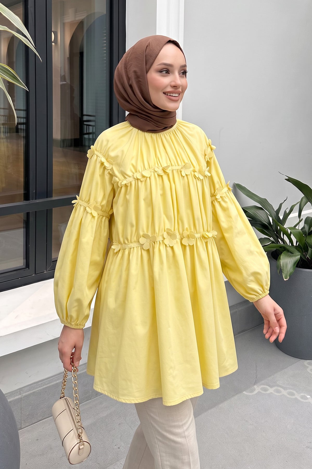 Çiçekli Büzgülü  Tunik 5501  - SARI |  
