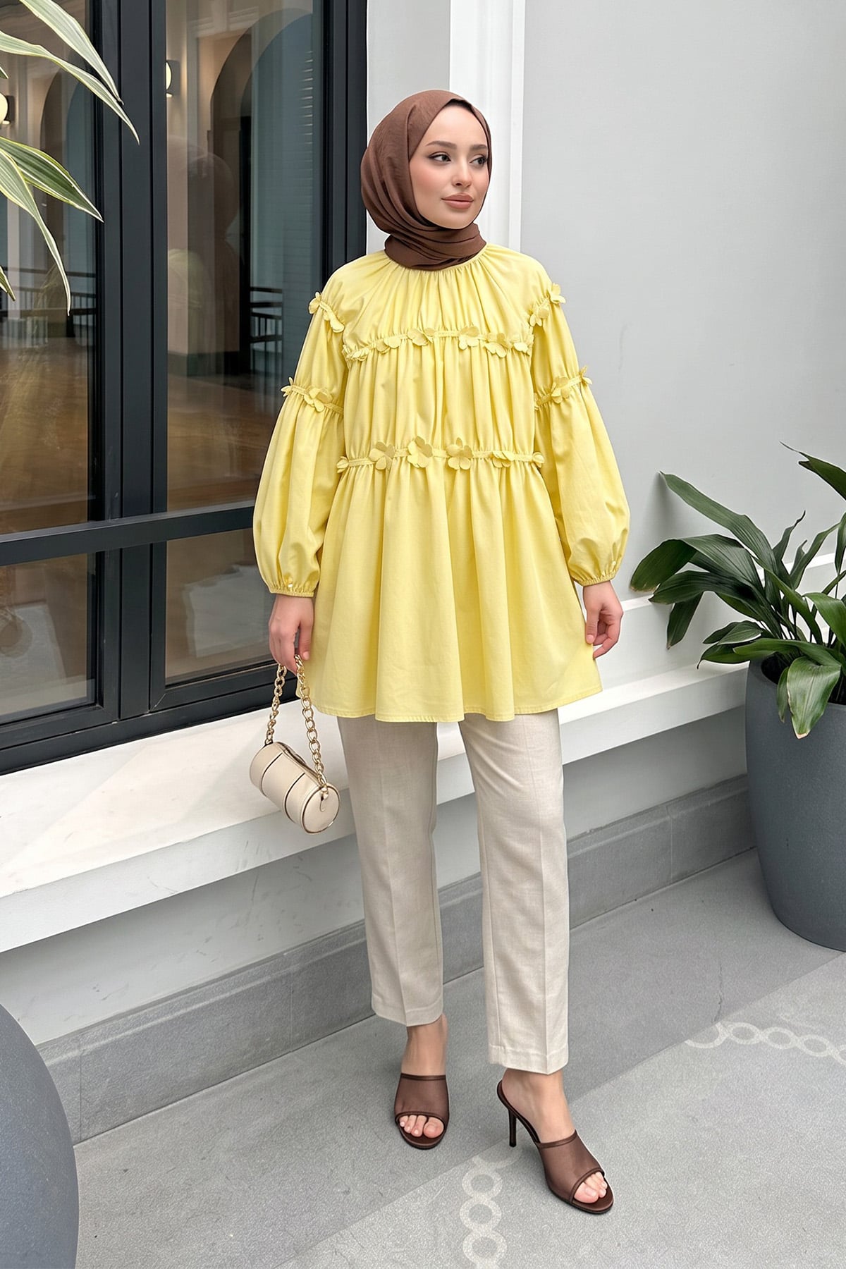 Çiçekli Büzgülü  Tunik 5501  - SARI |  