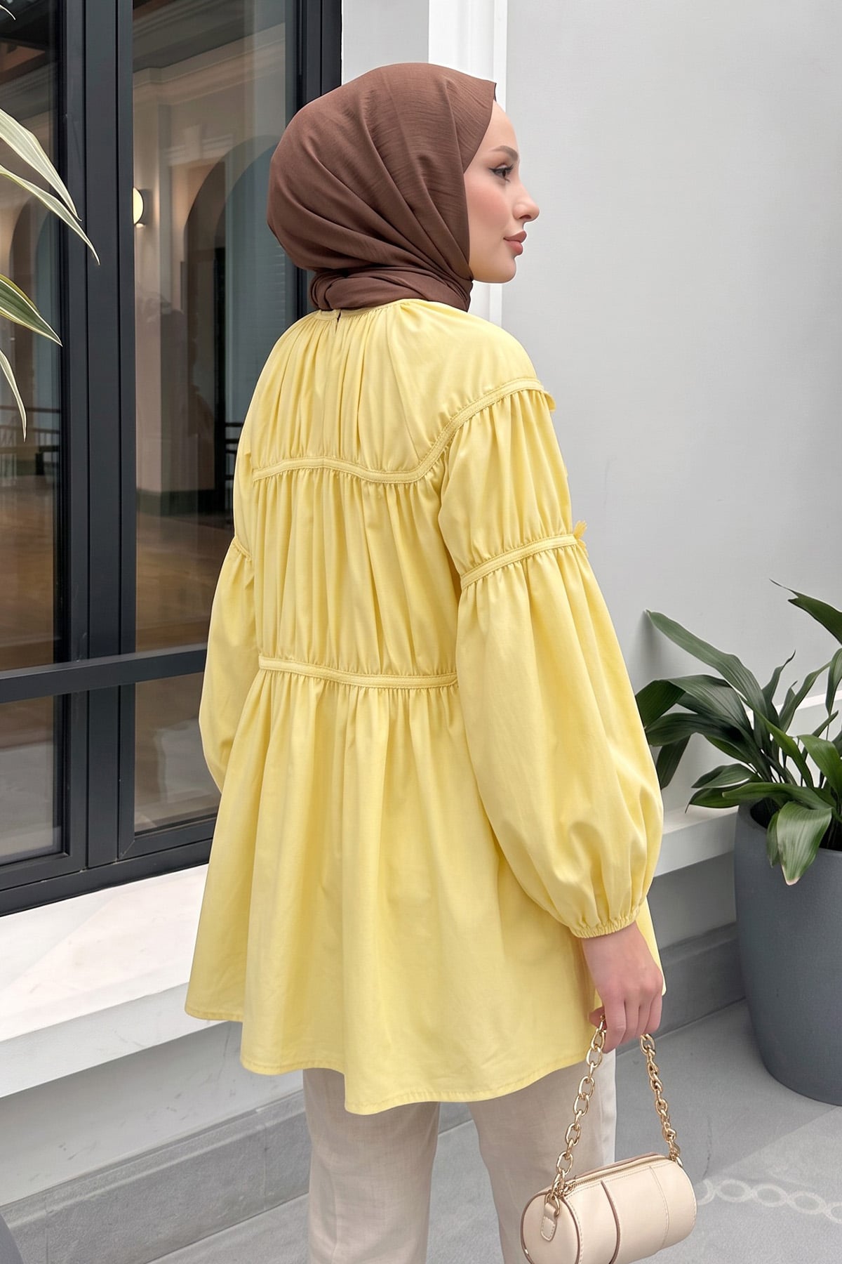 Çiçekli Büzgülü  Tunik 5501  - SARI |  