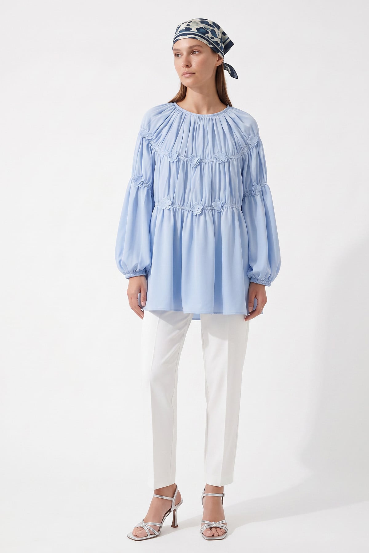 Çiçekli Büzgülü  Tunik 5501 - BEBE MAVİSİ |  