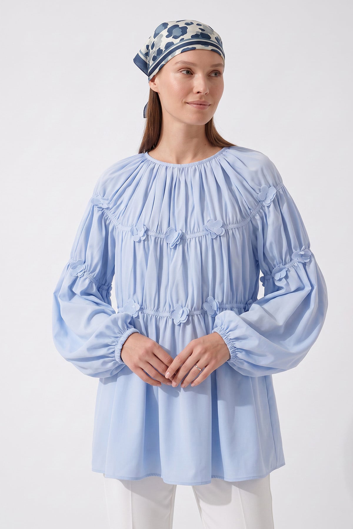 Çiçekli Büzgülü  Tunik 5501 - BEBE MAVİSİ |  