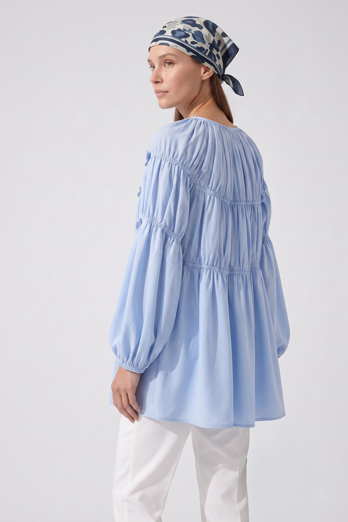 Çiçekli Büzgülü  Tunik 5501 - BEBE MAVİSİ |  