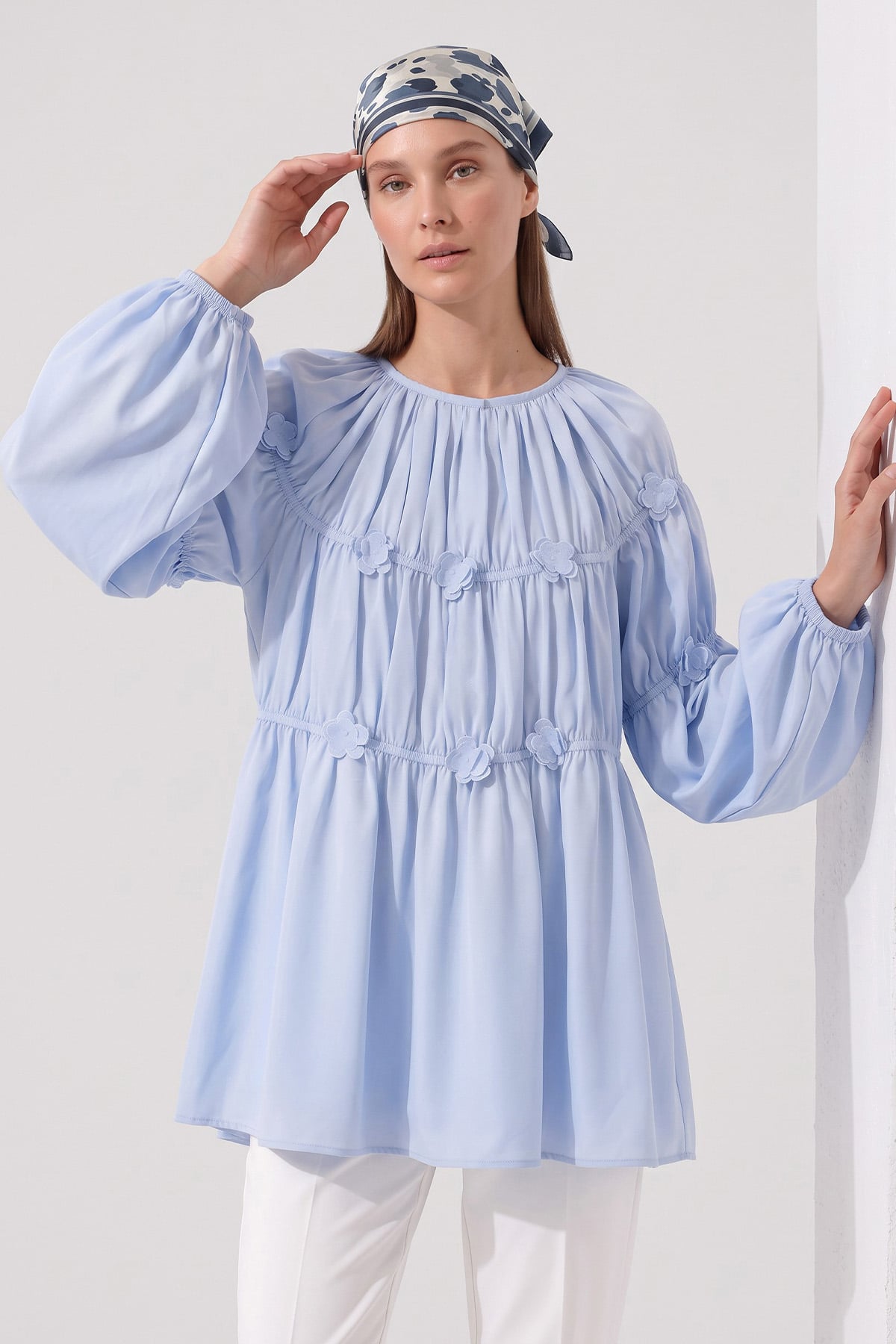 Çiçekli Büzgülü  Tunik 5501 - BEBE MAVİSİ |  