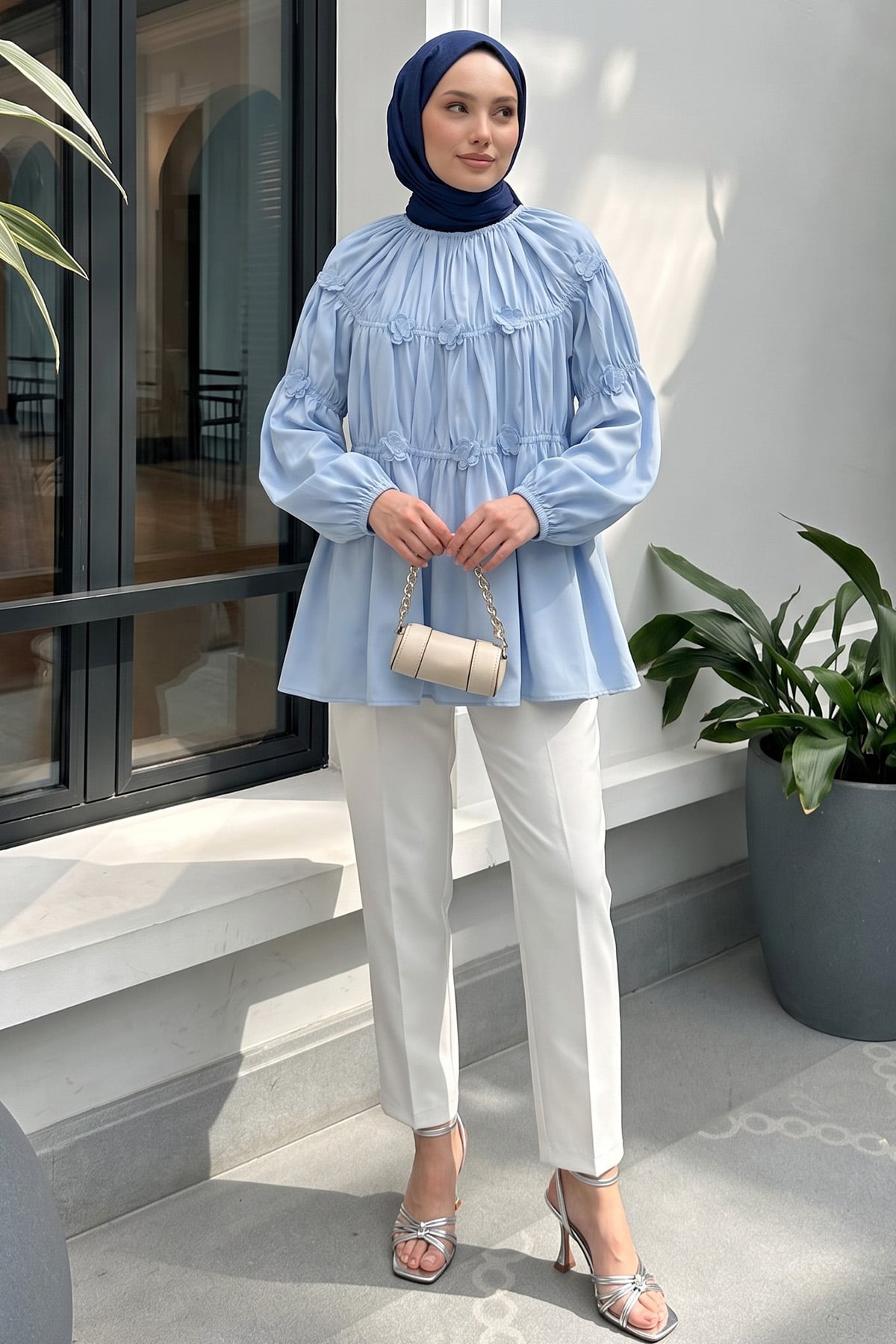Çiçekli Büzgülü  Tunik 5501 - BEBE MAVİSİ |  