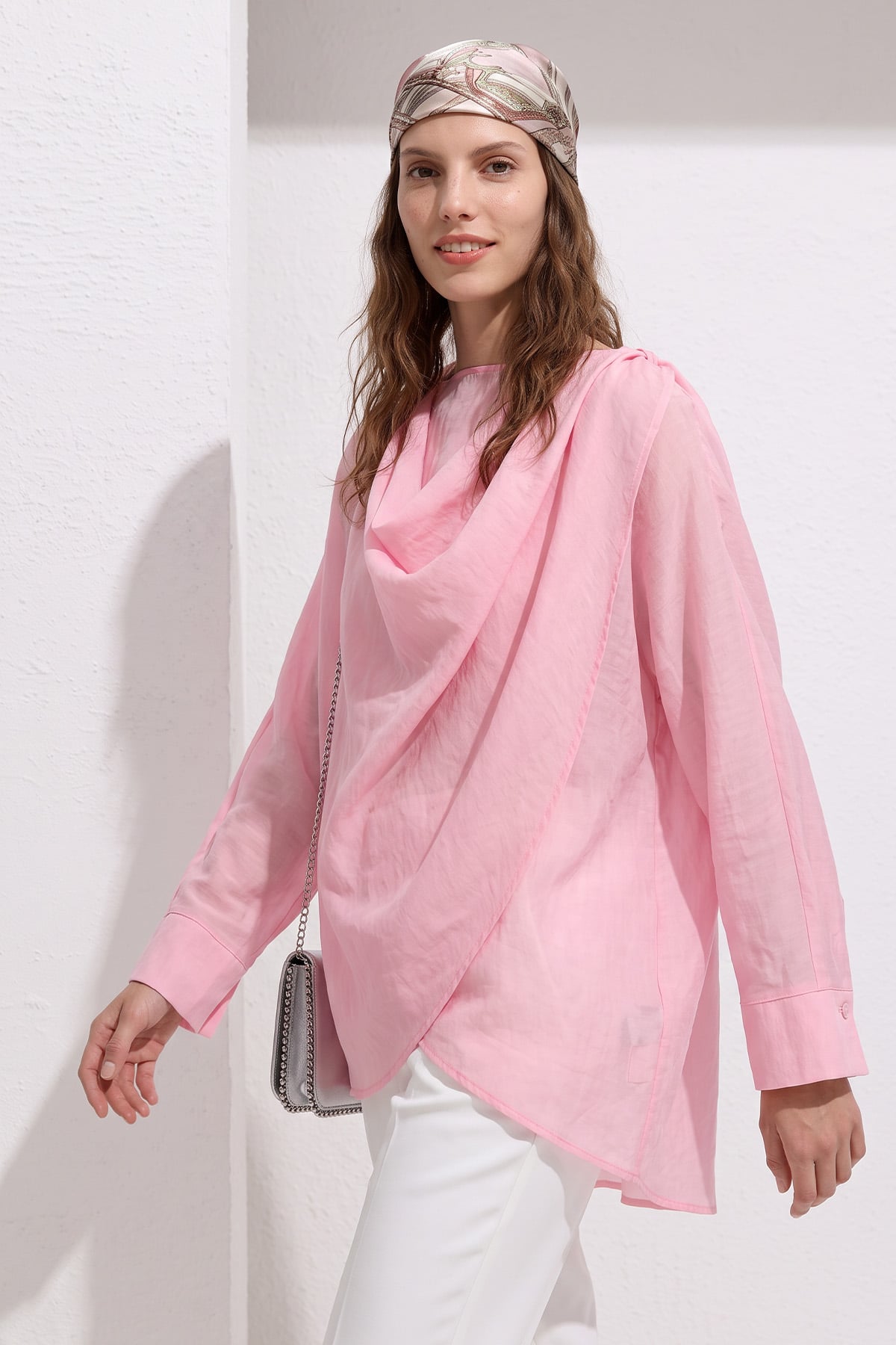 Omuz Şal Detaylı Tunik Y0156 - AÇIK PEMBE |  