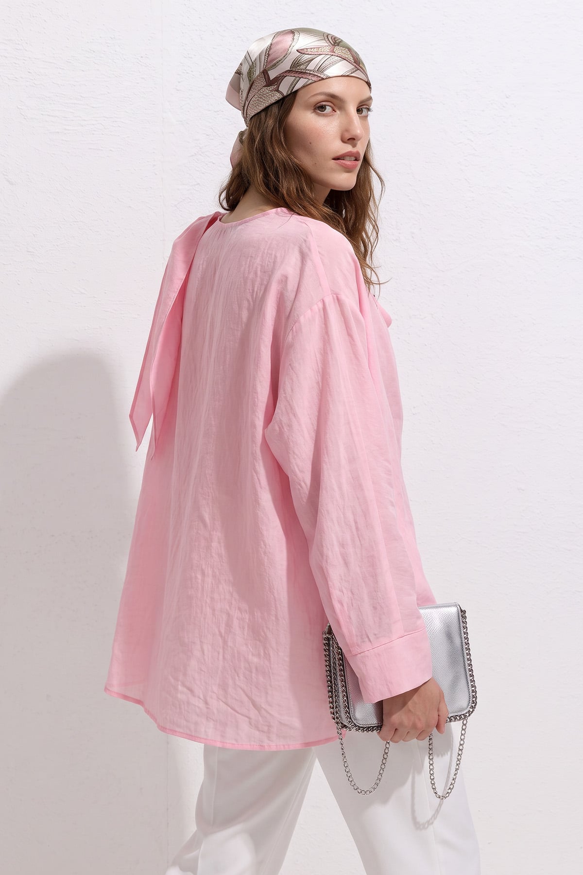 Omuz Şal Detaylı Tunik Y0156 - AÇIK PEMBE |  