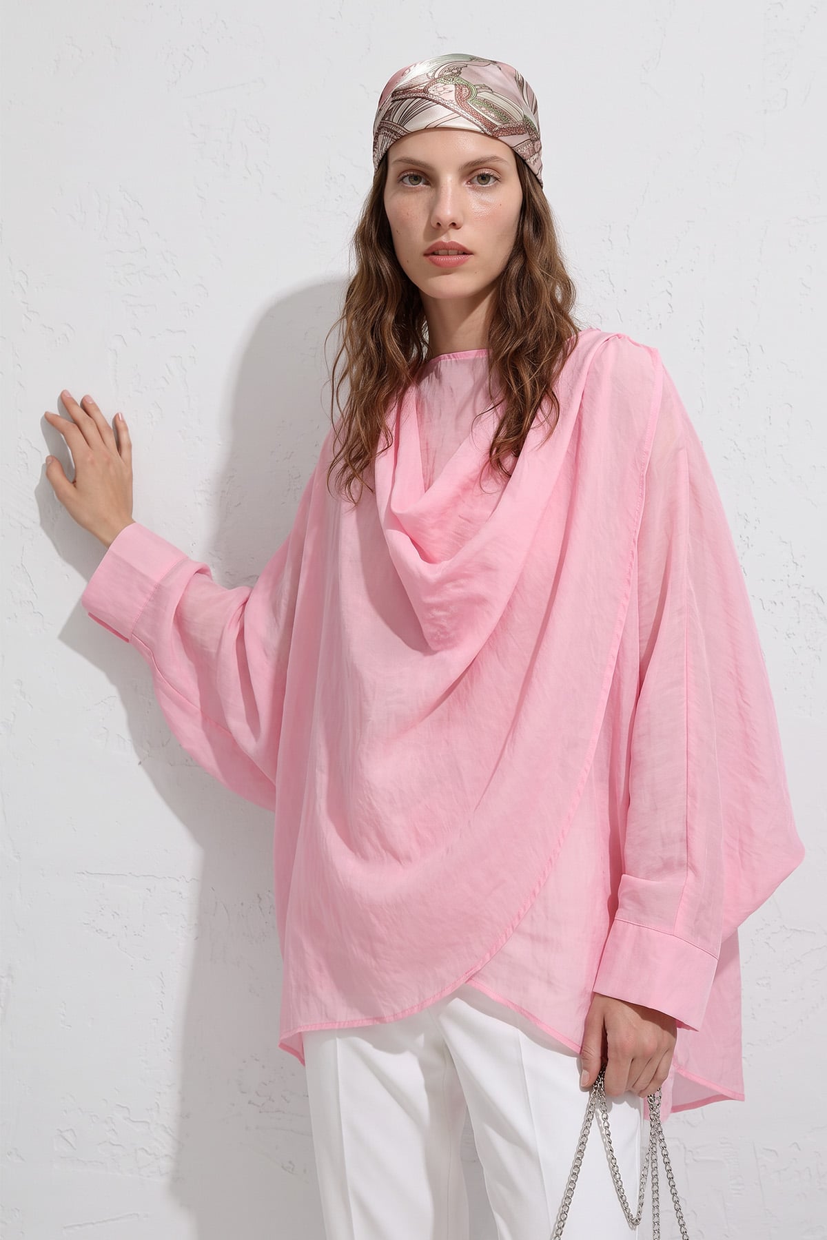 Omuz Şal Detaylı Tunik Y0156 - AÇIK PEMBE |  