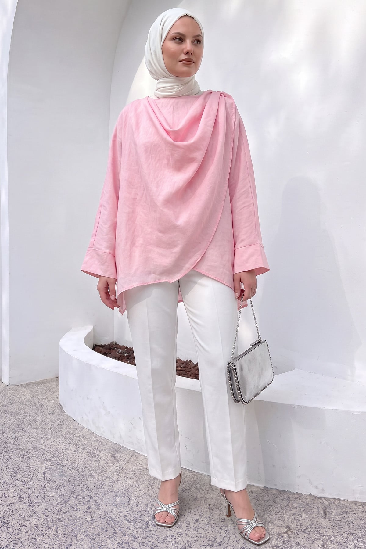 Omuz Şal Detaylı Tunik Y0156 - AÇIK PEMBE |  