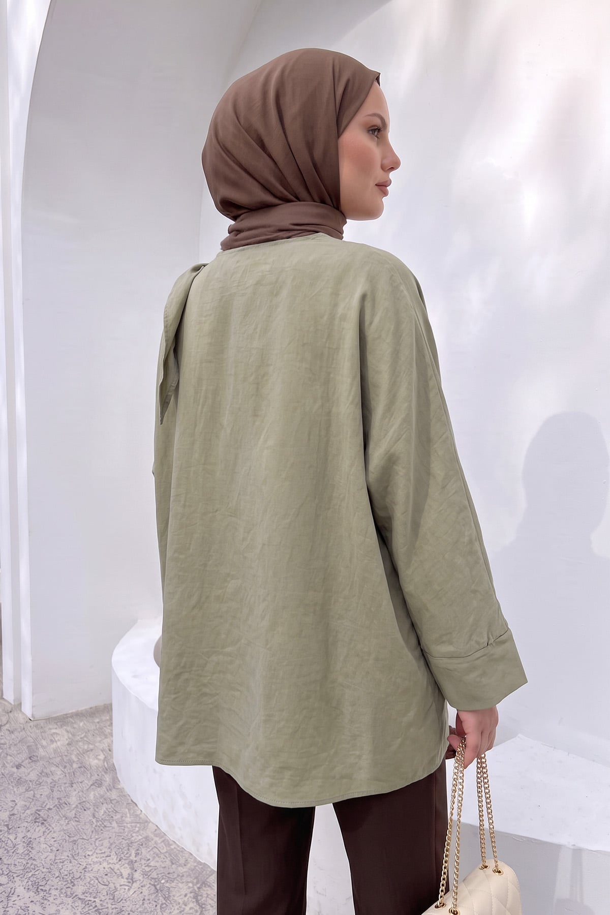 Omuz Şal Detaylı Tunik Y0156 - AÇIK HAKİ |  