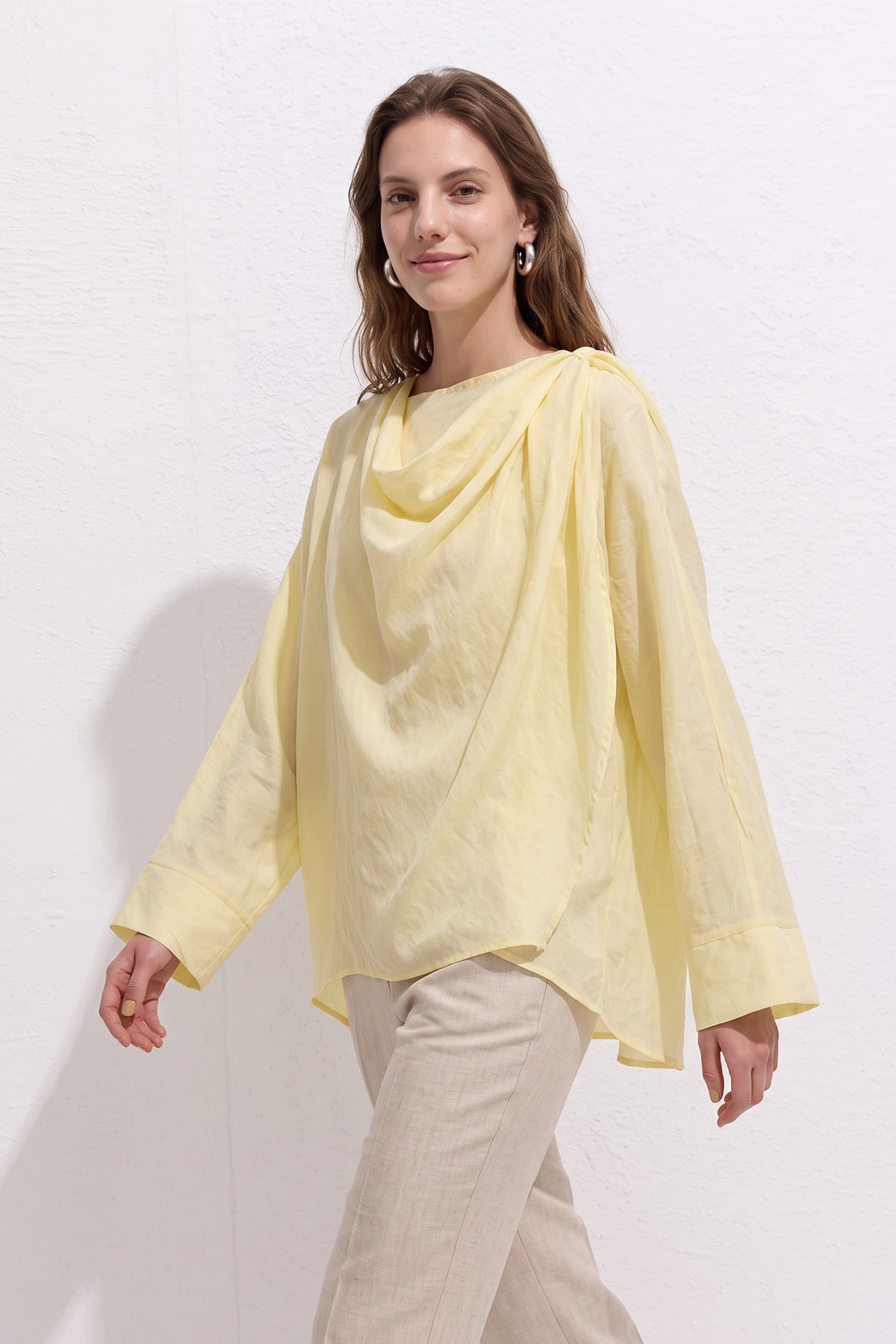 Omuz Şal Detaylı Tunik Y0156 - AÇIK SARI | zenne.com 