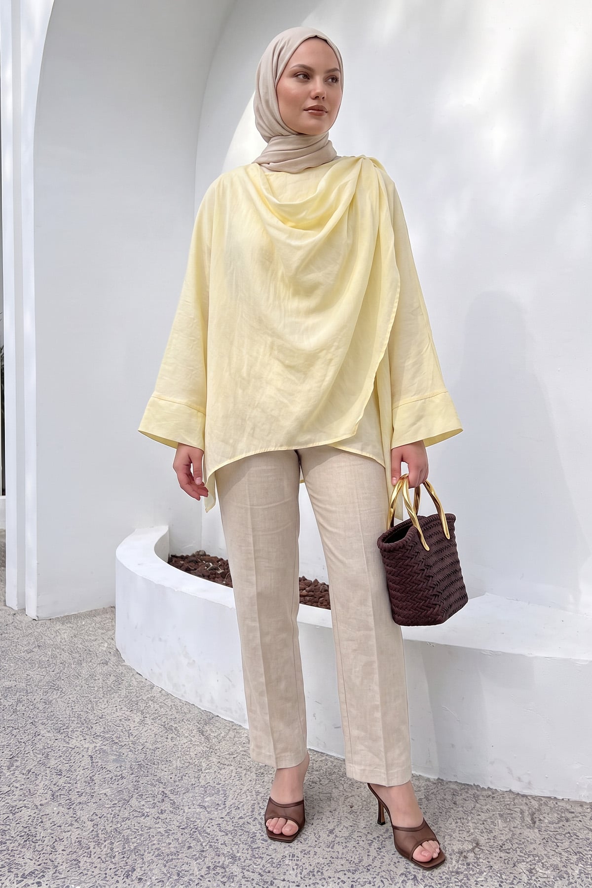 Omuz Şal Detaylı Tunik Y0156 - AÇIK SARI |  