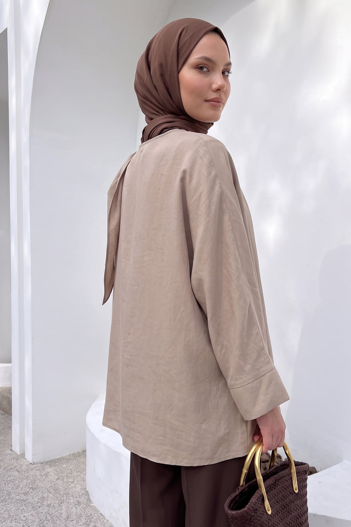 Omuz Şal Detaylı Tunik Y0156 - VİZON |  