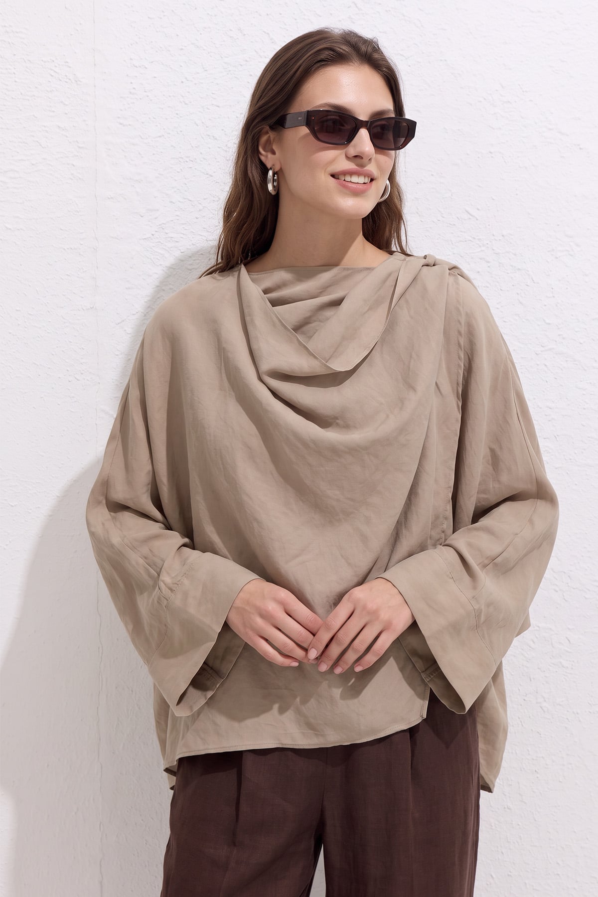 Omuz Şal Detaylı Tunik Y0156 - VİZON |  