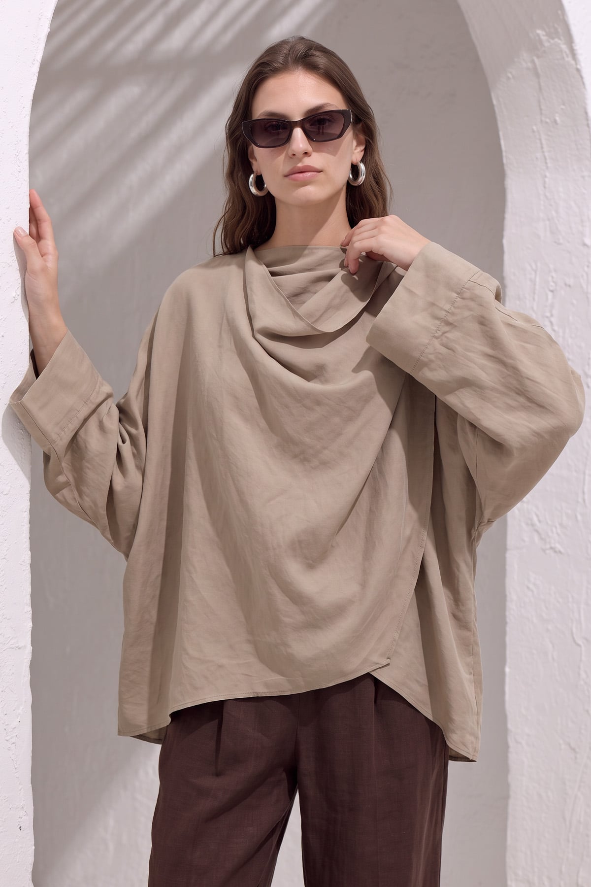 Omuz Şal Detaylı Tunik Y0156 - VİZON |  