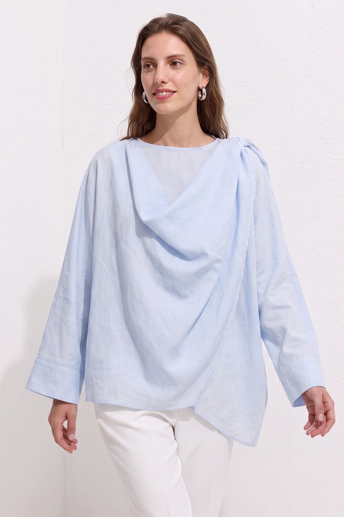 Omuz Şal Detaylı Tunik Y0156 - BEBE MAVİSİ |  