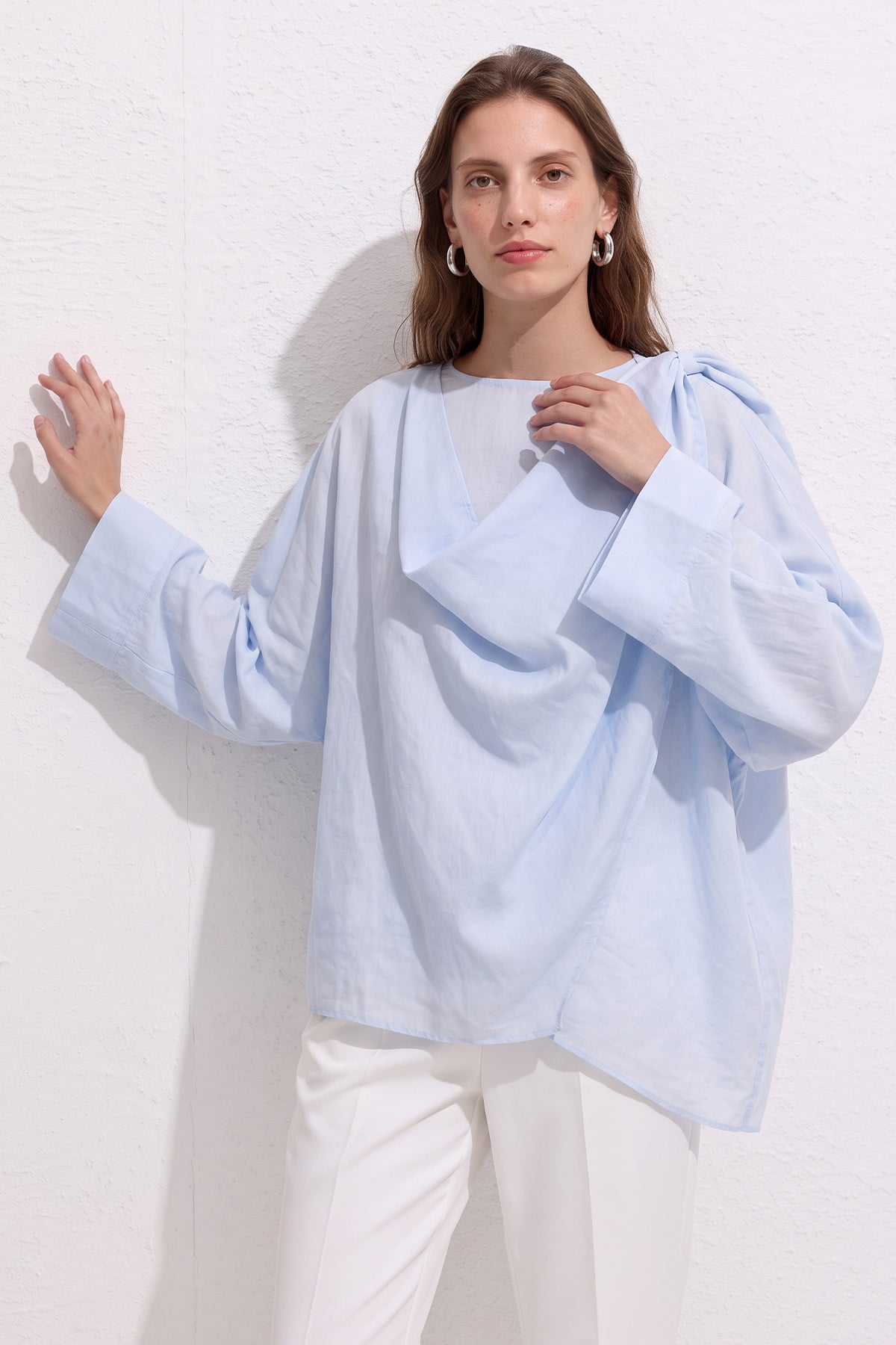 Omuz Şal Detaylı Tunik Y0156 - BEBE MAVİSİ |  