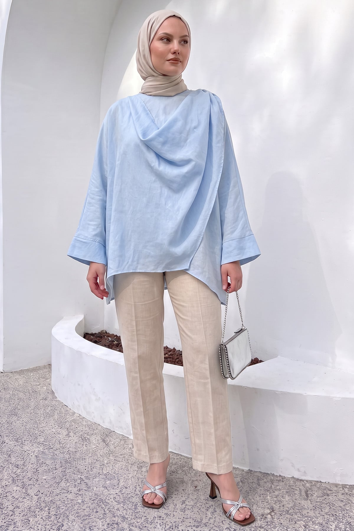 Omuz Şal Detaylı Tunik Y0156 - BEBE MAVİSİ |  
