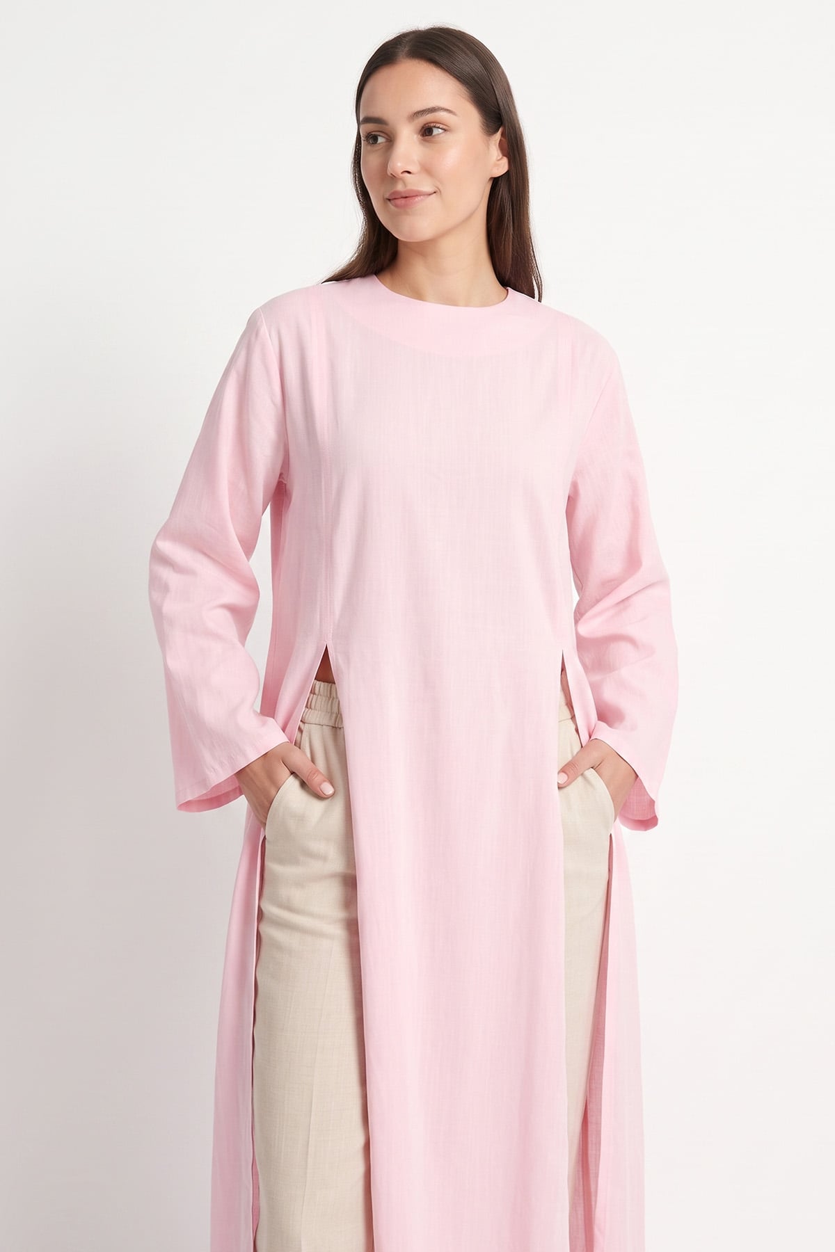  Yırtmaçlı Uzun Tunik Y0162 - AÇIK PEMBE | zenne.com 