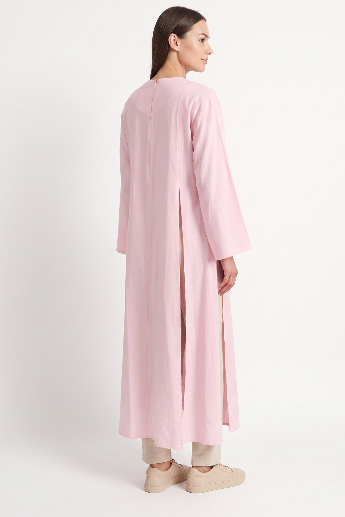  Yırtmaçlı Uzun Tunik Y0162 - AÇIK PEMBE | zenne.com 