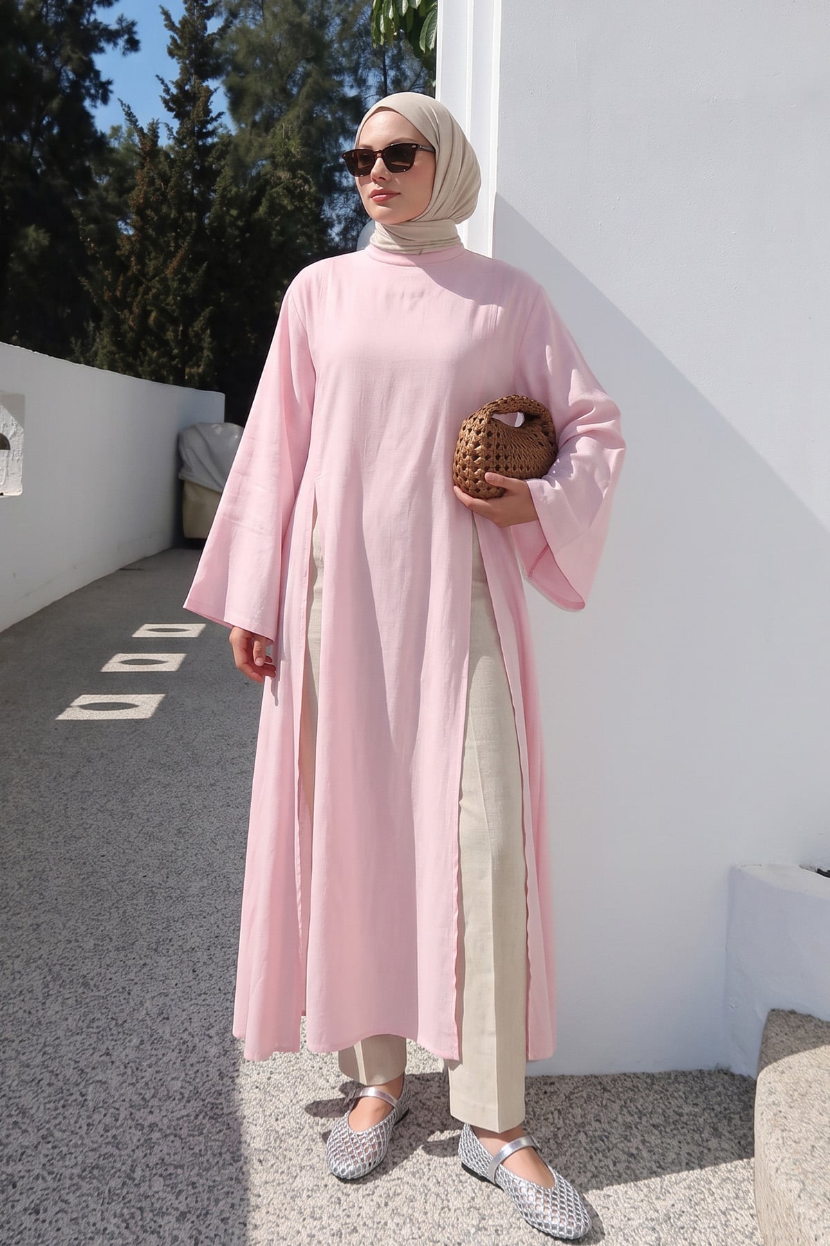  Yırtmaçlı Uzun Tunik Y0162 - AÇIK PEMBE | zenne.com 
