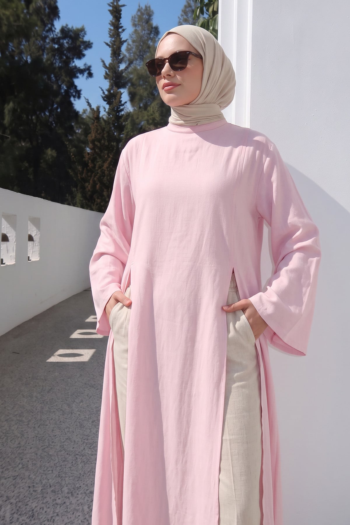  Yırtmaçlı Uzun Tunik Y0162 - AÇIK PEMBE | zenne.com 