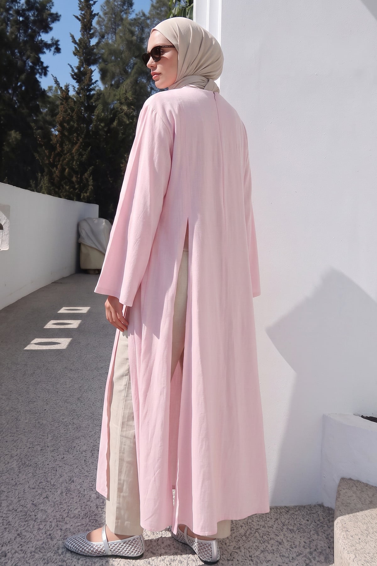  Yırtmaçlı Uzun Tunik Y0162 - AÇIK PEMBE | zenne.com 