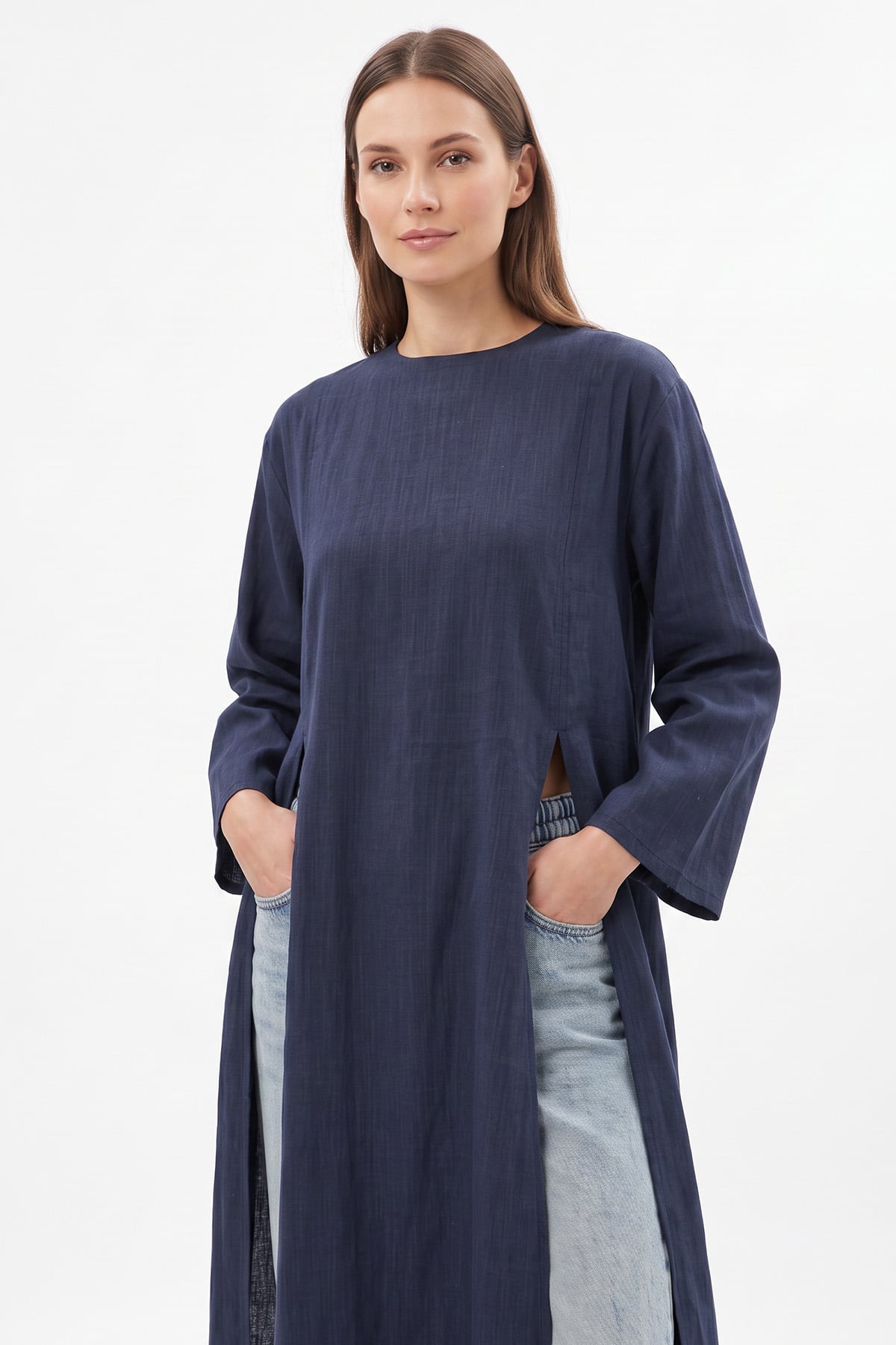  Yırtmaçlı Uzun Tunik Y0162 - LACİVERT | zenne.com 