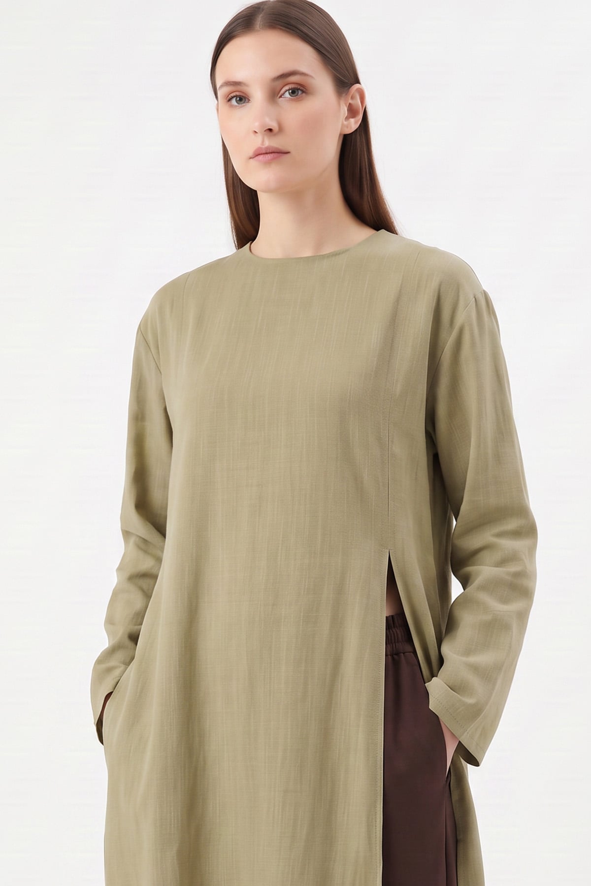  Yırtmaçlı Uzun Tunik Y0162 - HAKİ | zenne.com 
