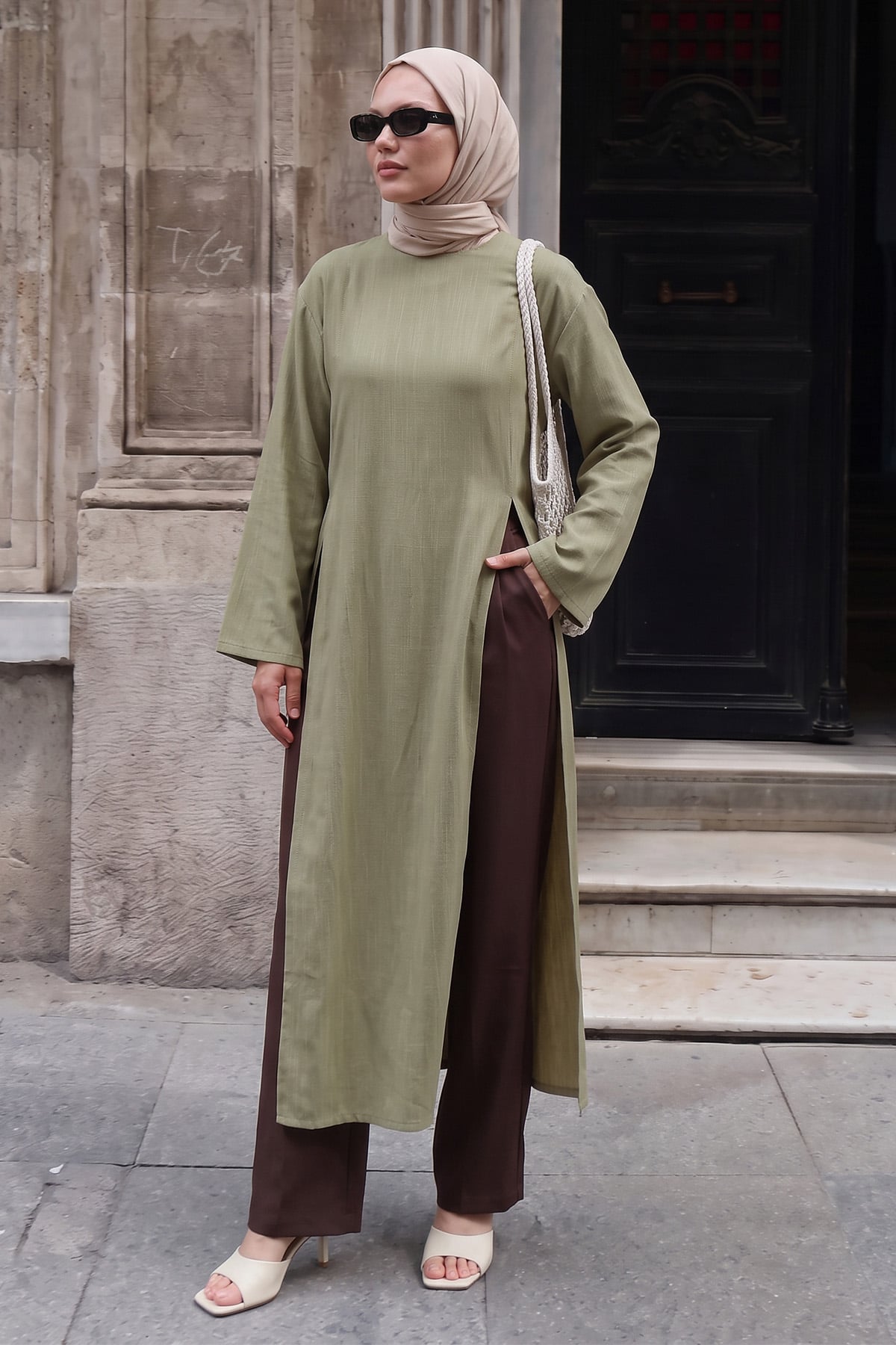  Yırtmaçlı Uzun Tunik Y0162 - HAKİ | zenne.com 