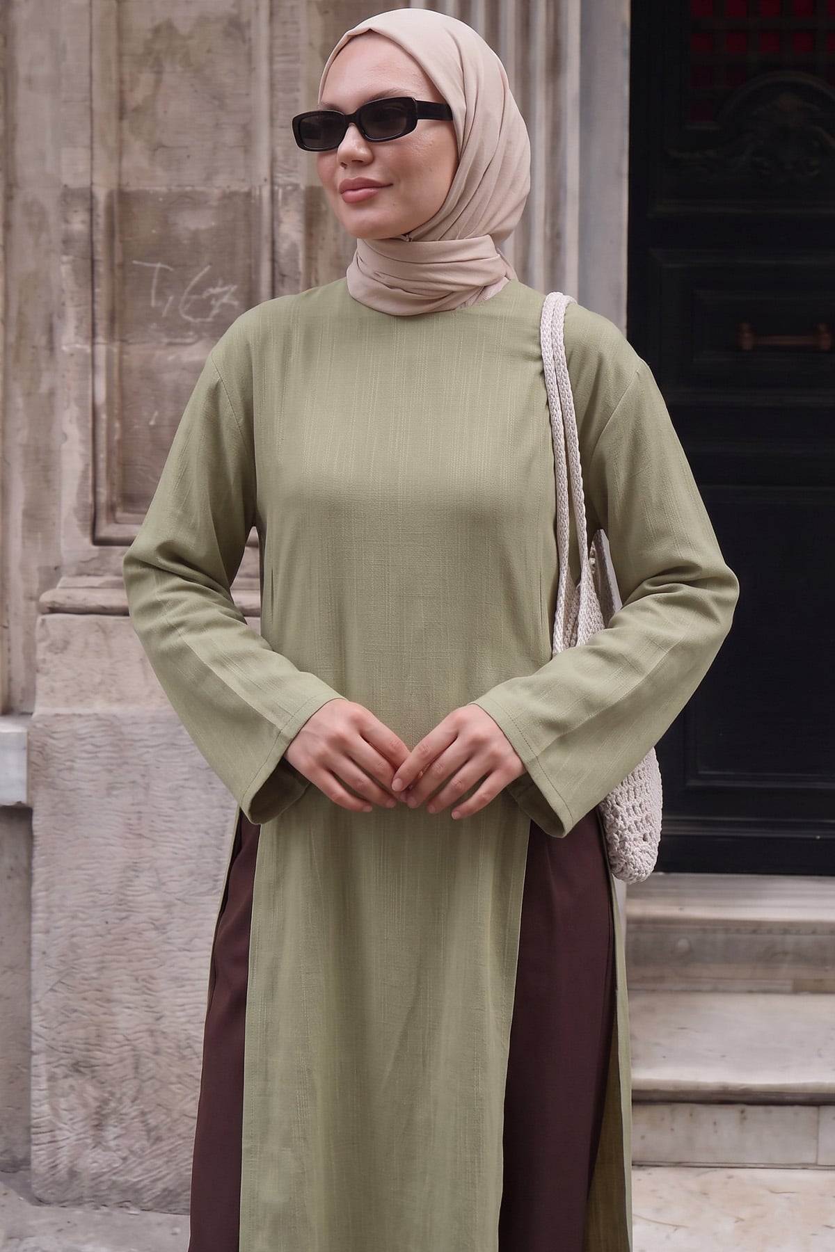  Yırtmaçlı Uzun Tunik Y0162 - HAKİ | zenne.com 