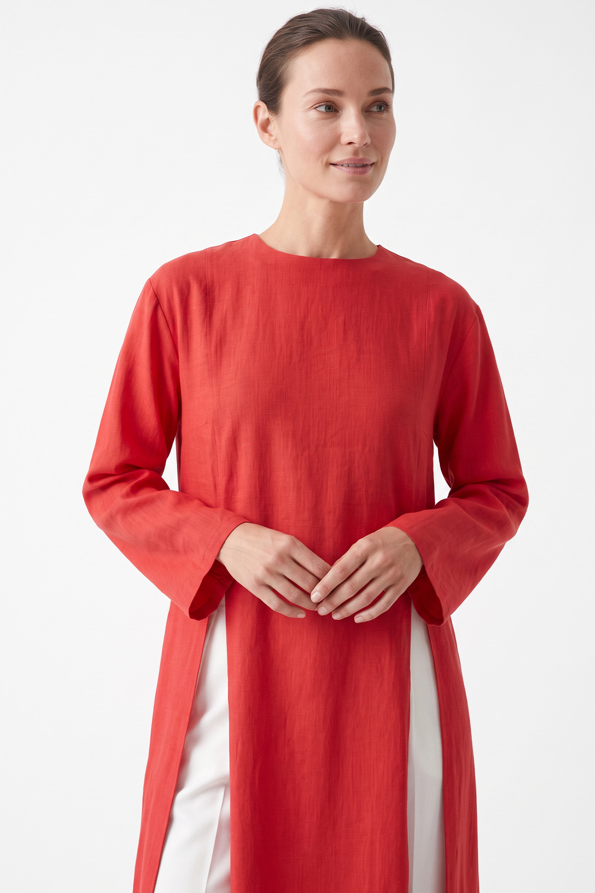  Yırtmaçlı Uzun Tunik Y0162 - KIRMIZI | zenne.com 