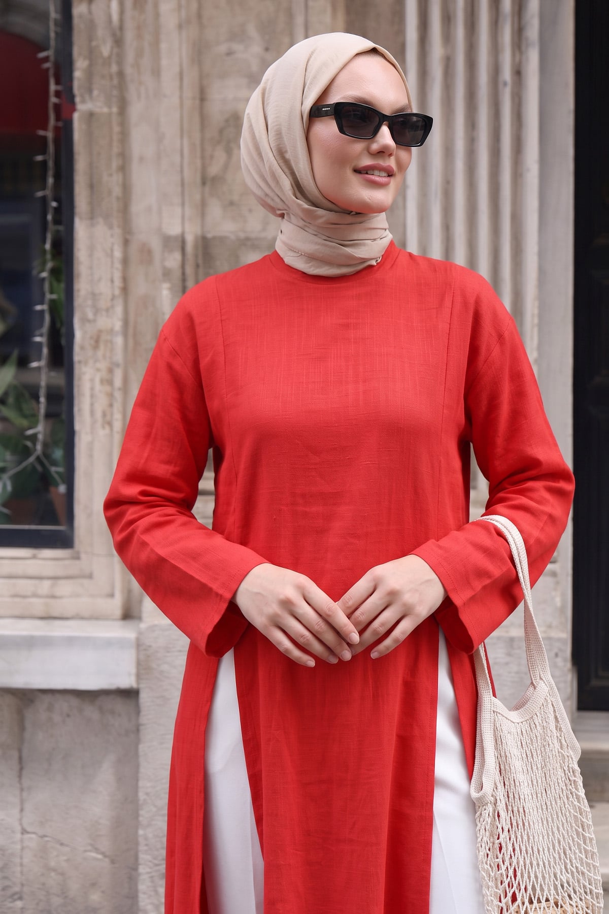  Yırtmaçlı Uzun Tunik Y0162 - KIRMIZI | zenne.com 