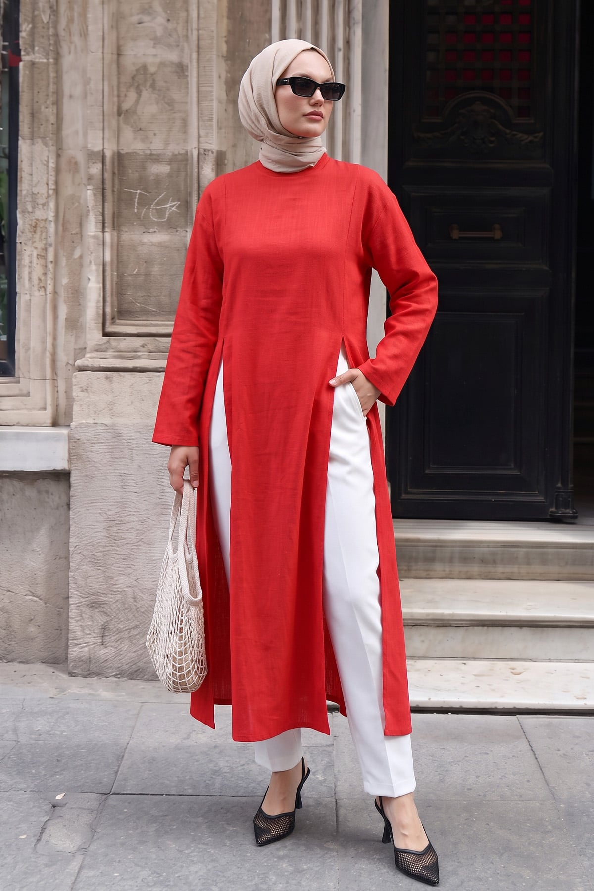  Yırtmaçlı Uzun Tunik Y0162 - KIRMIZI | zenne.com 