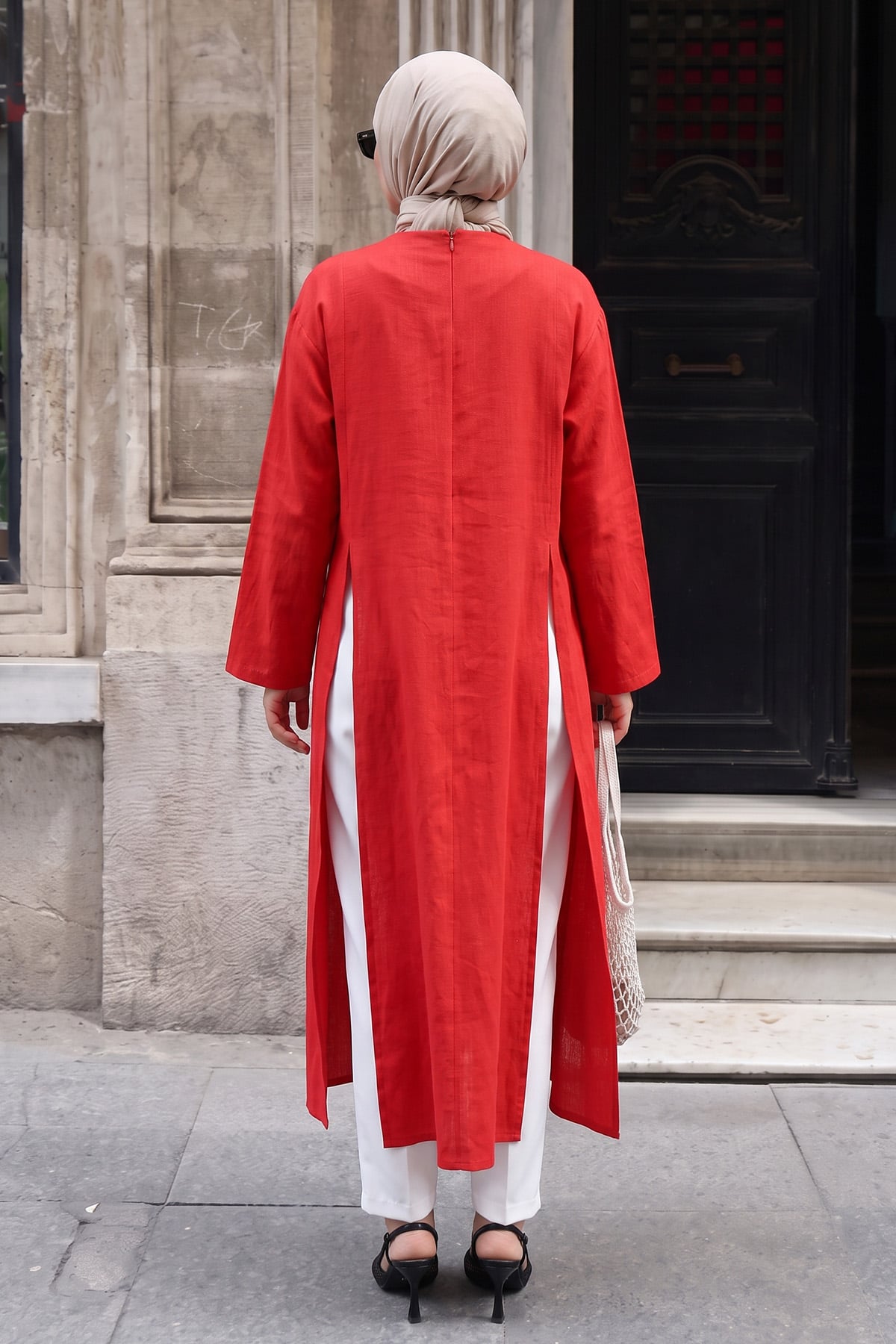  Yırtmaçlı Uzun Tunik Y0162 - KIRMIZI | zenne.com 