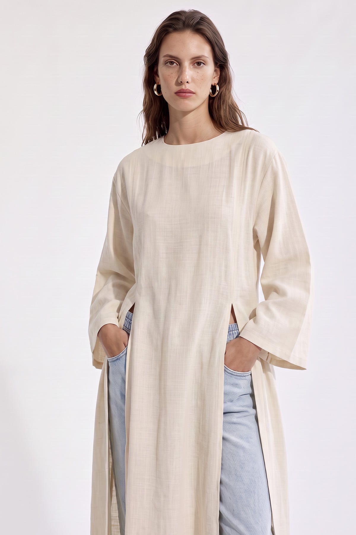  Yırtmaçlı Uzun Tunik Y0162 - EKRU | zenne.com 