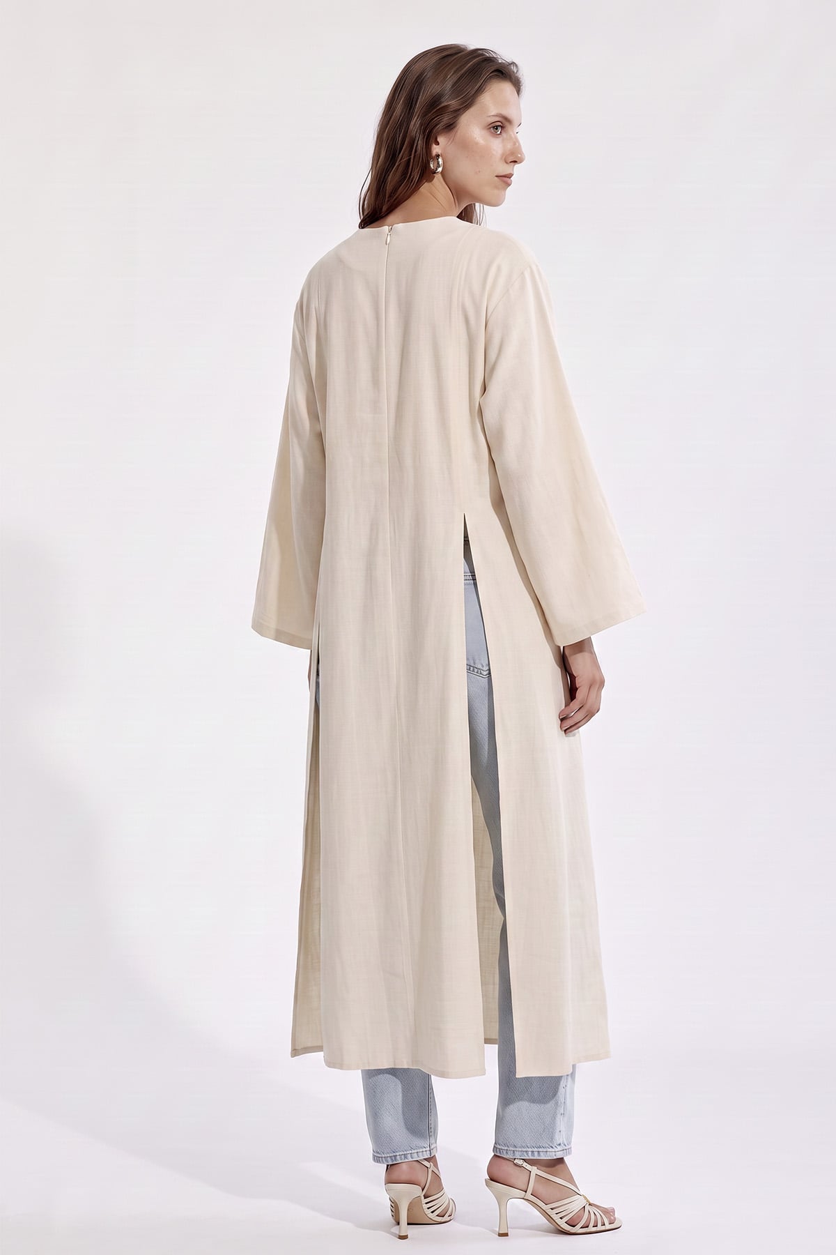  Yırtmaçlı Uzun Tunik Y0162 - EKRU | zenne.com 