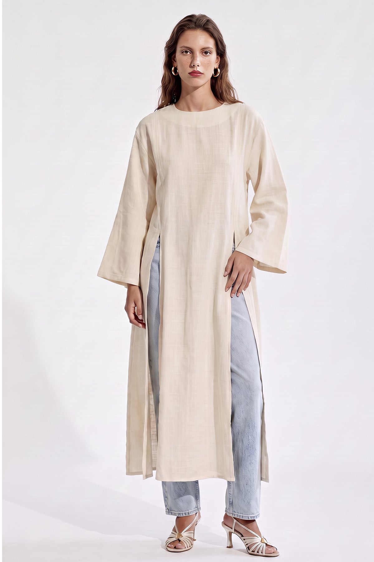  Yırtmaçlı Uzun Tunik Y0162 - EKRU | zenne.com 