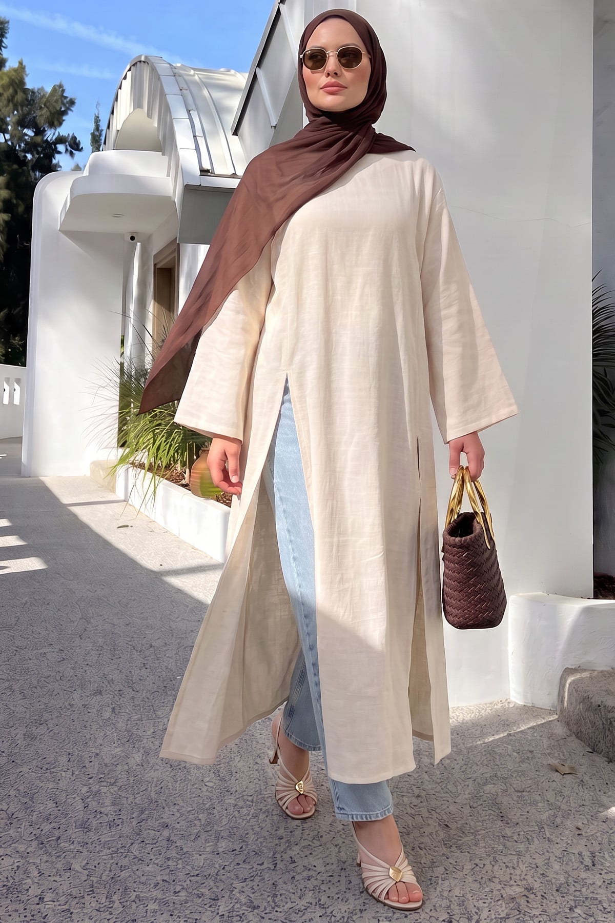  Yırtmaçlı Uzun Tunik Y0162 - EKRU | zenne.com 