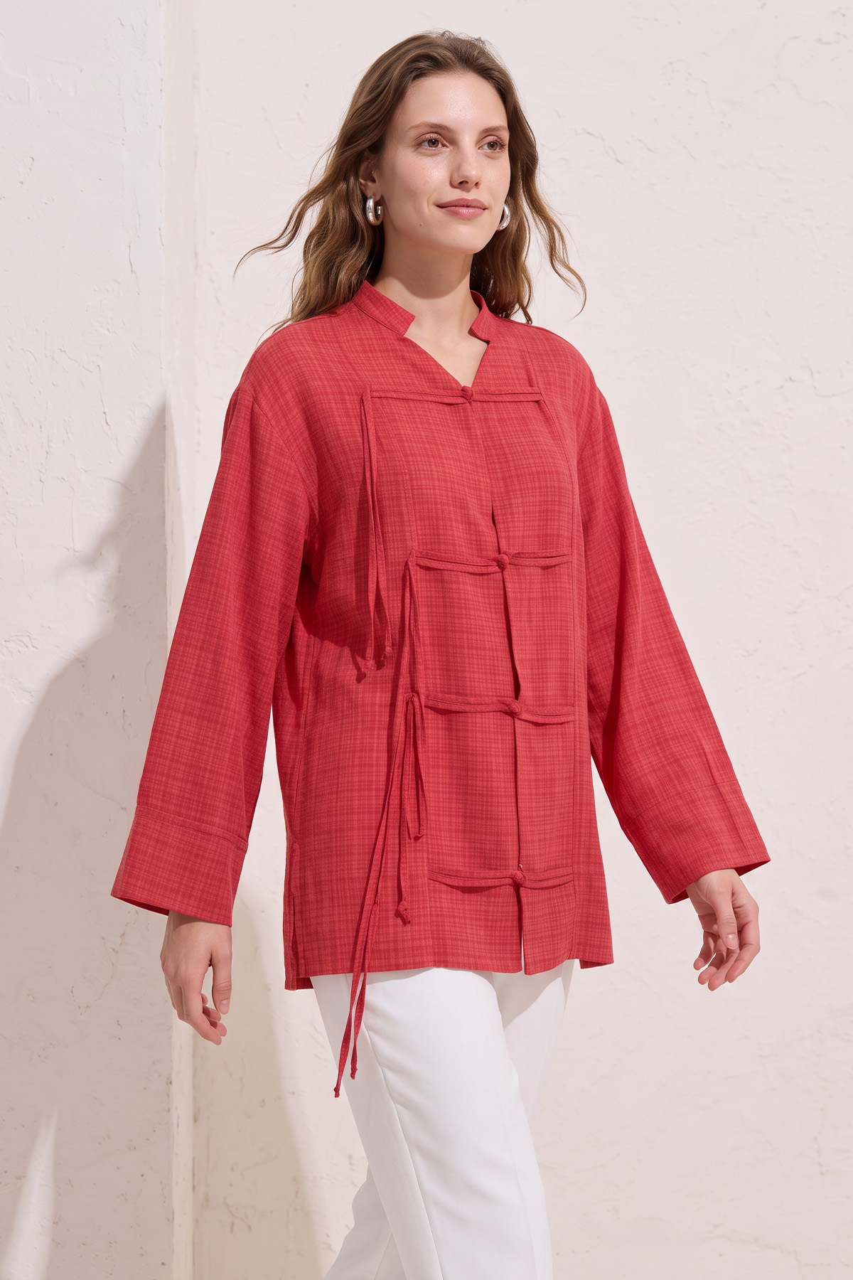 Çin Düğmeli Tunik Y0158 - KIRMIZI |  