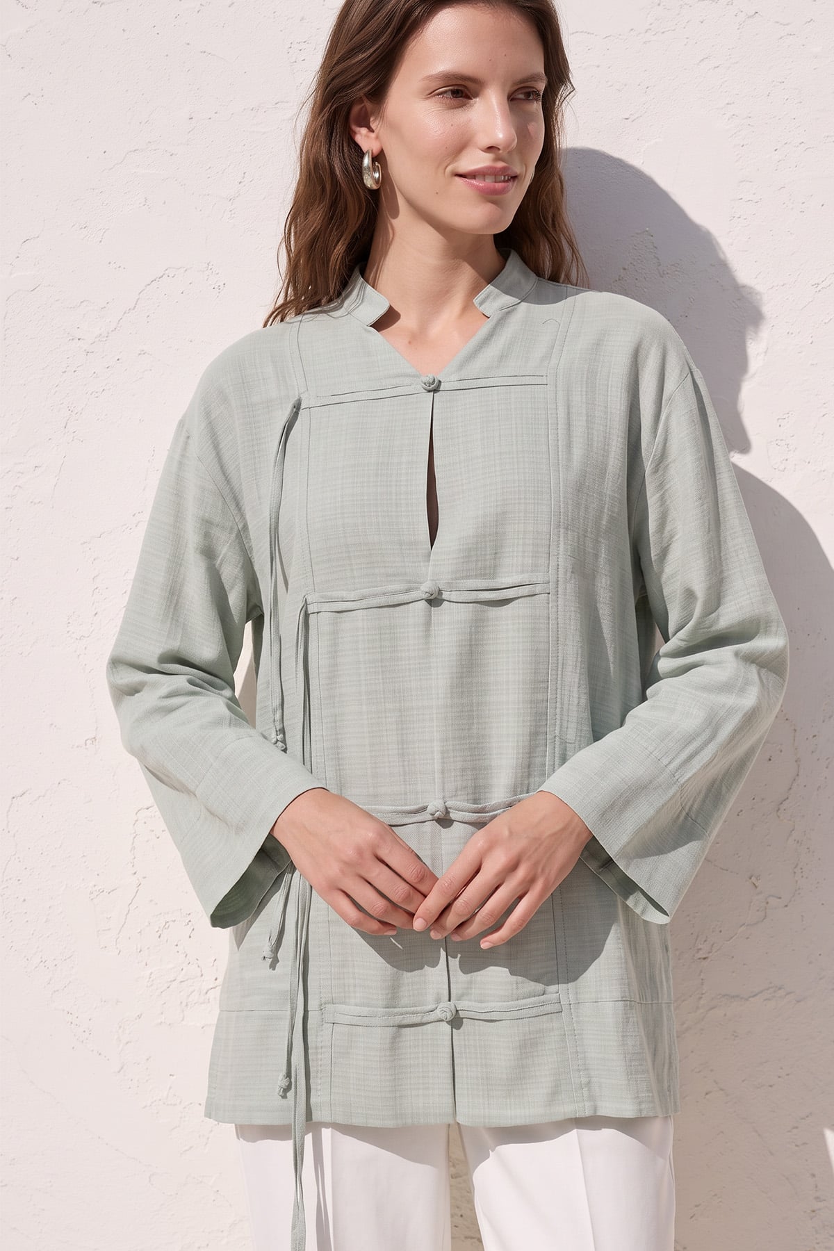 Çin Düğmeli Tunik Y0158 - ÇAĞLA YEŞİLİ |  