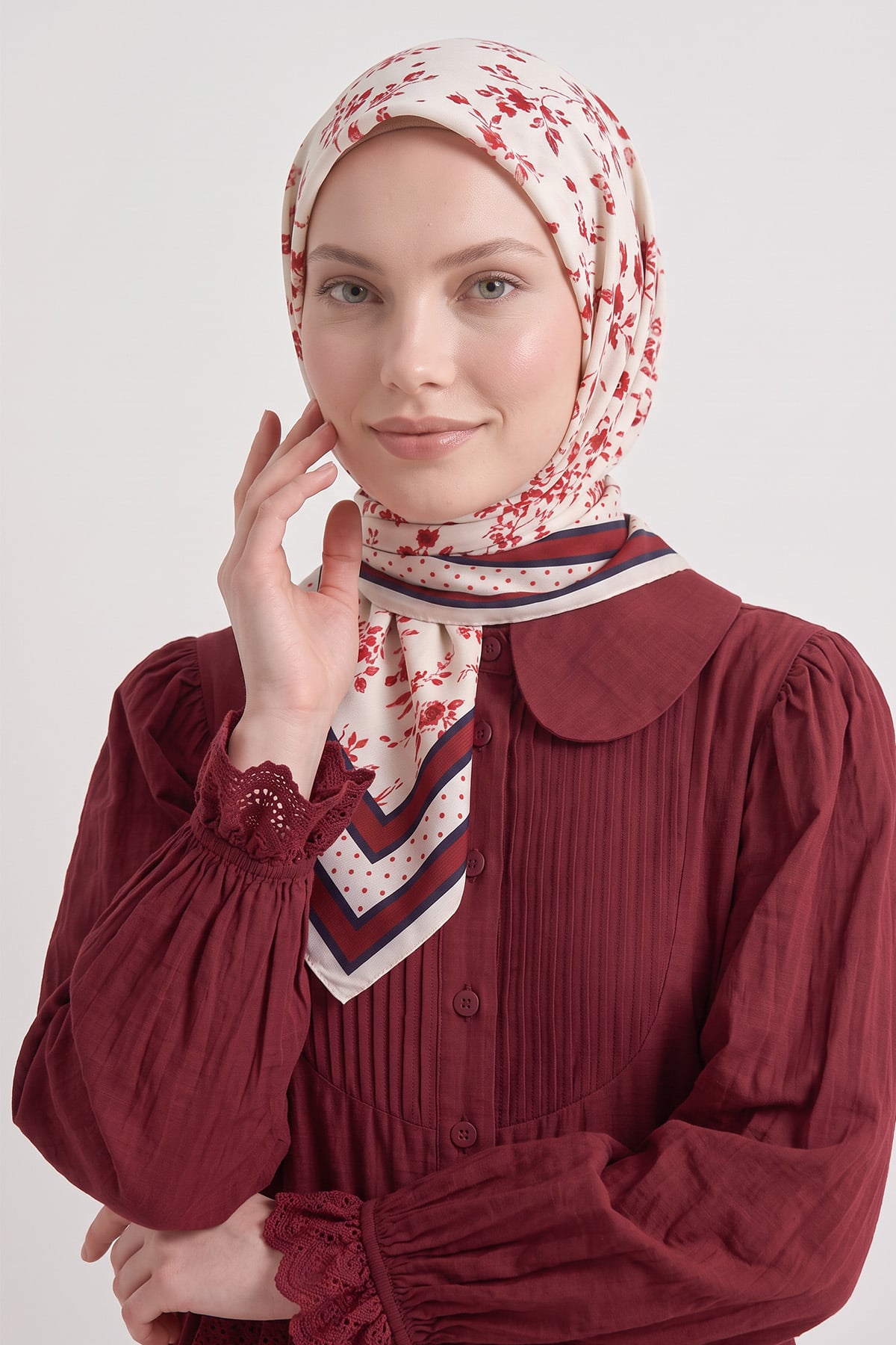 Desenli  Naida Eşarp 8039 - BORDO EKRU  |  