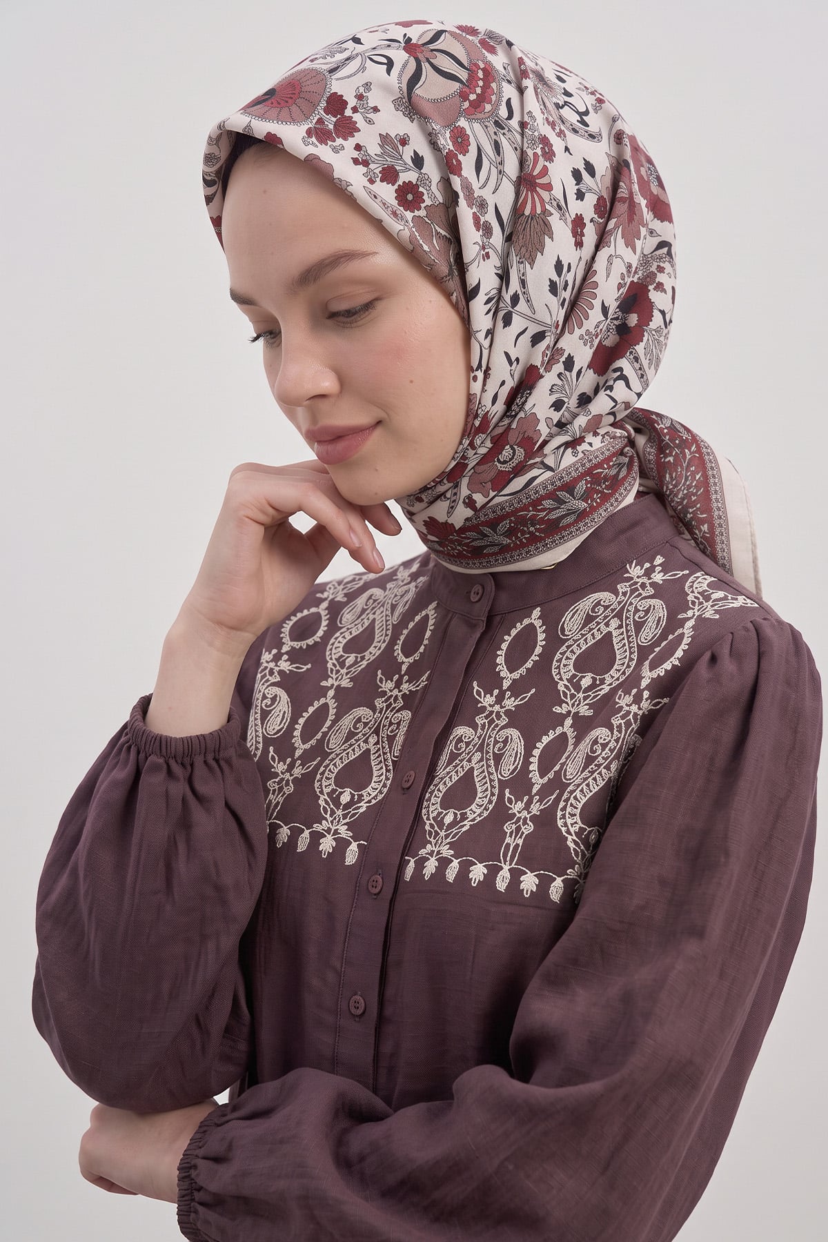  Nostaljik Bahçe Aqua Soft Eşarp 8046 - BORDO BEJ |  